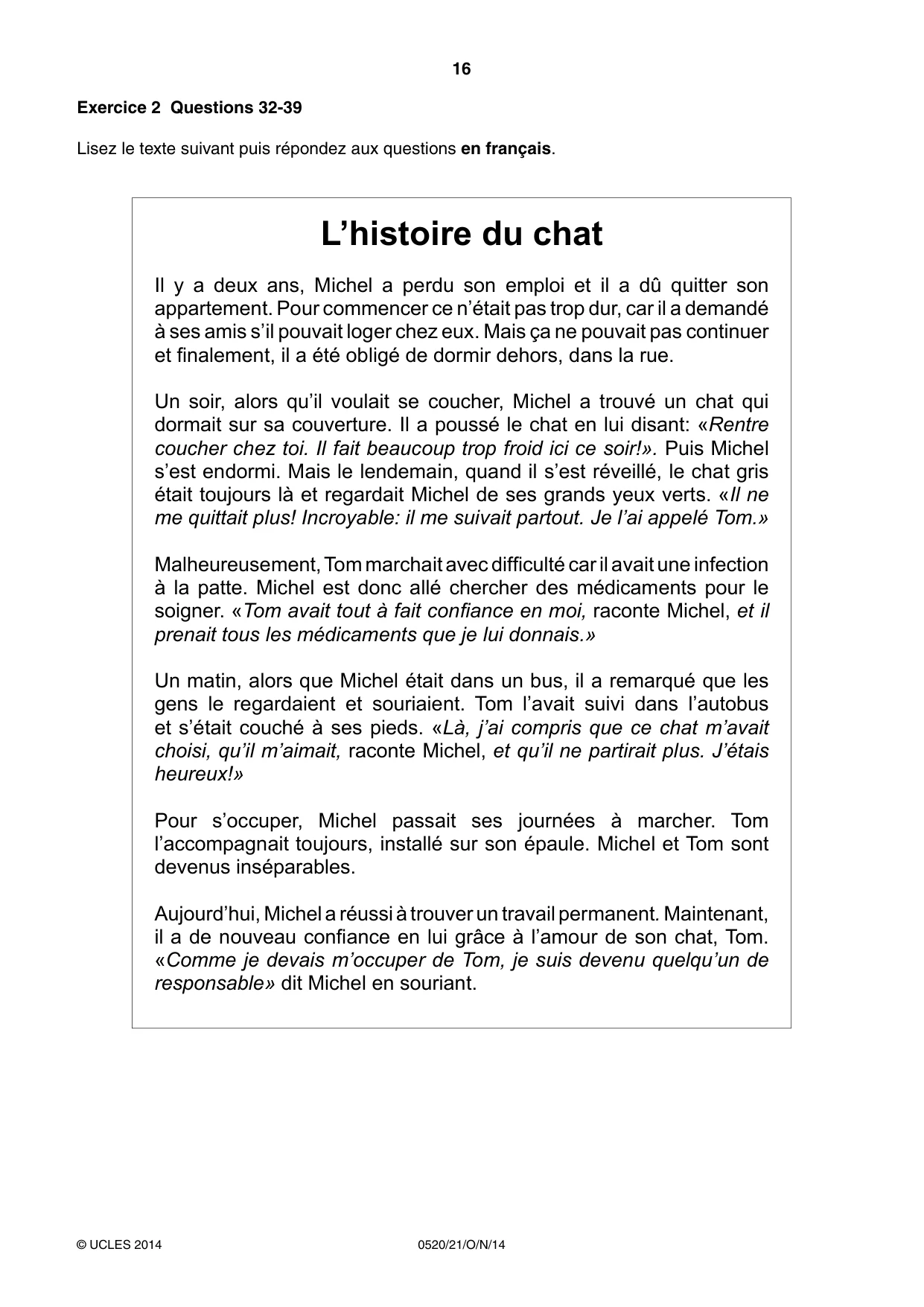 Cambridge IGCSE French - Foreign Language 0520 2014 Oct/Nov Paper 2 · Variant 1 question paper, page 16 of 20