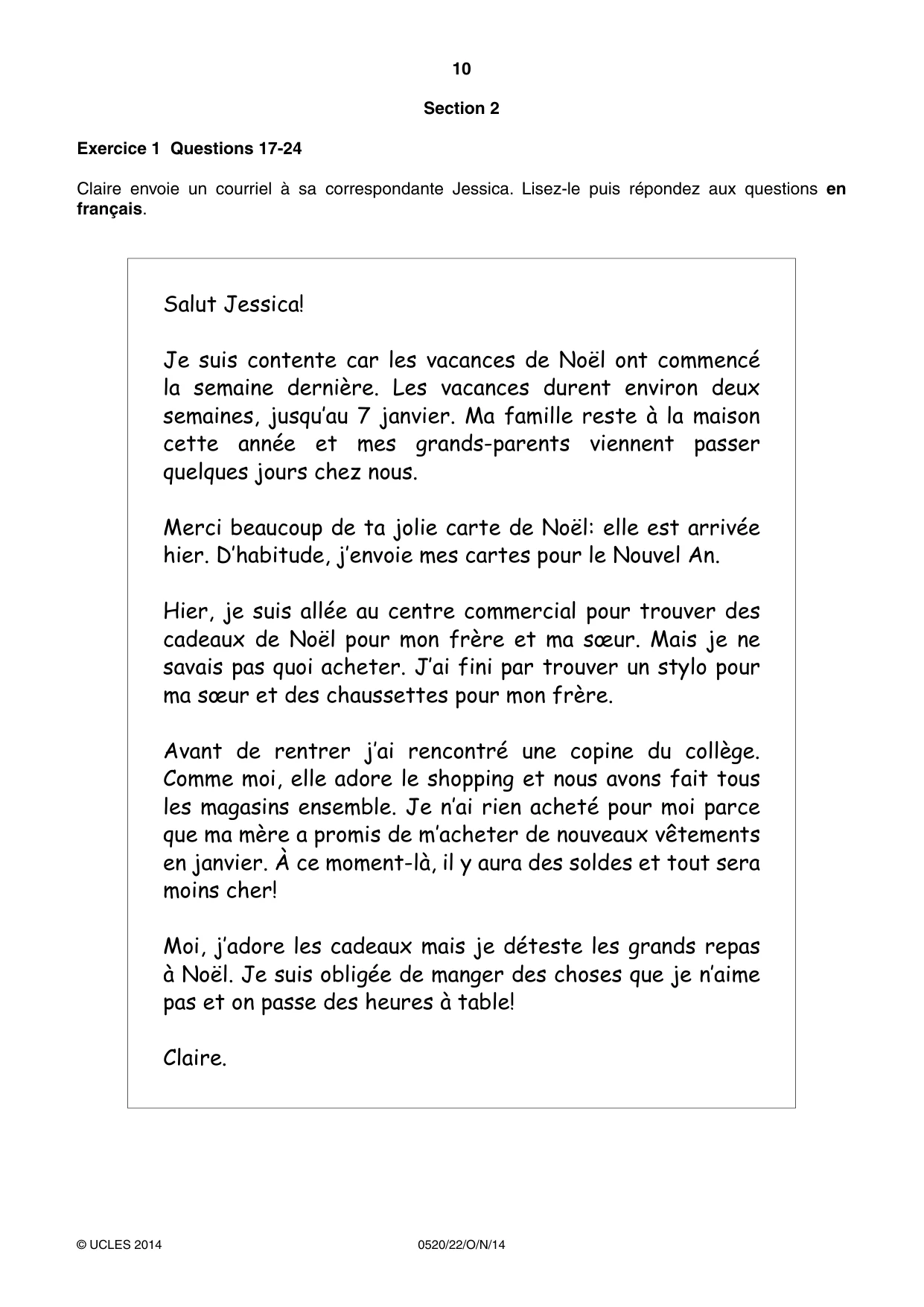 Cambridge IGCSE French - Foreign Language 0520 2014 Oct/Nov Paper 2 · Variant 2 question paper, page 10 of 20