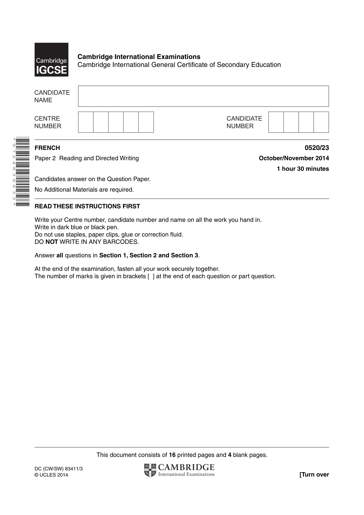 Cambridge IGCSE French - Foreign Language 0520 2014 Oct/Nov Paper 2 · Variant 3 question paper, page 1 of 20