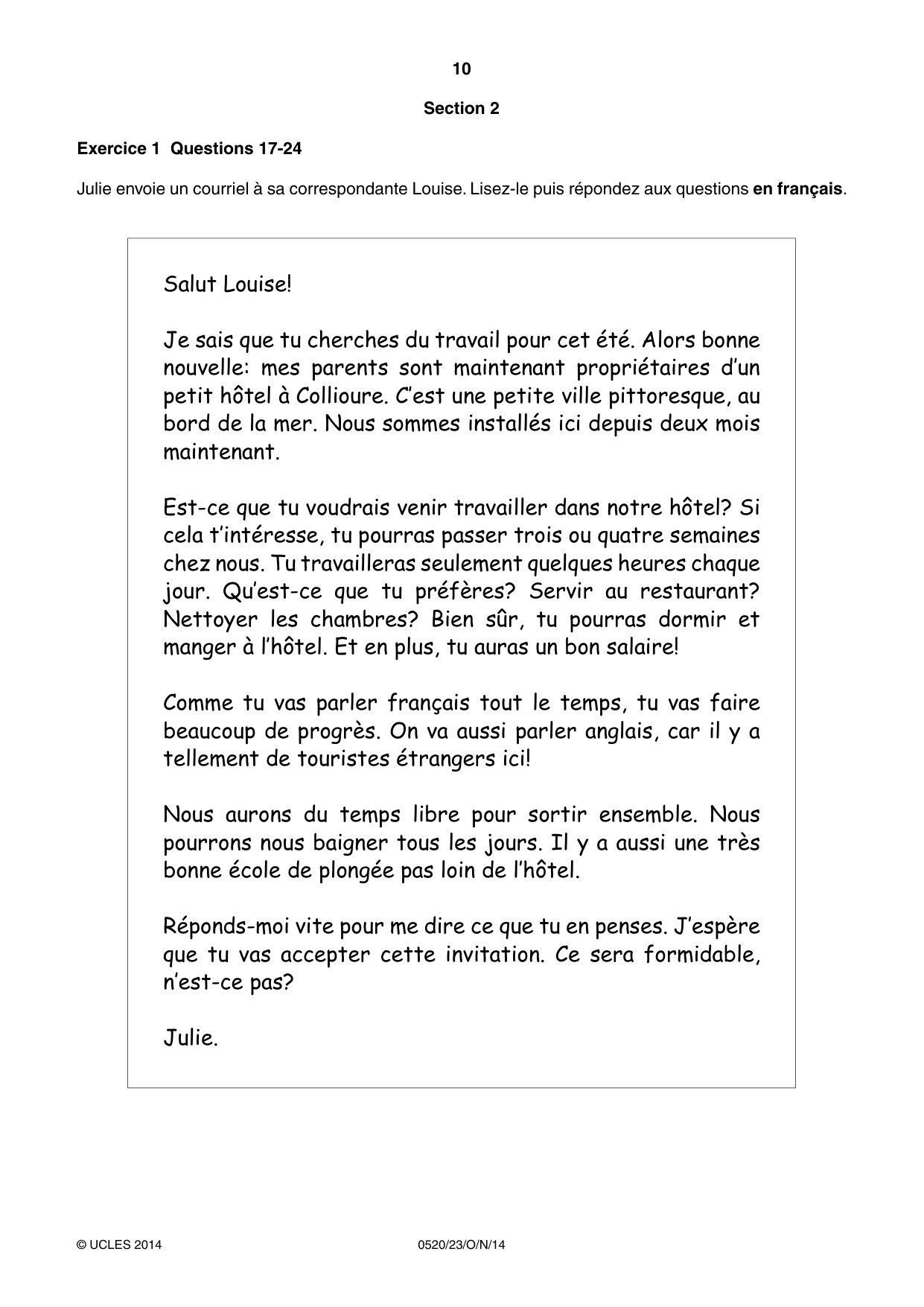 Cambridge IGCSE French - Foreign Language 0520 2014 Oct/Nov Paper 2 · Variant 3 question paper, page 10 of 20