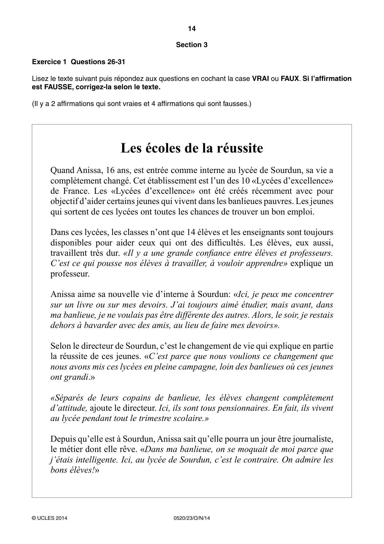 Cambridge IGCSE French - Foreign Language 0520 2014 Oct/Nov Paper 2 · Variant 3 question paper, page 14 of 20