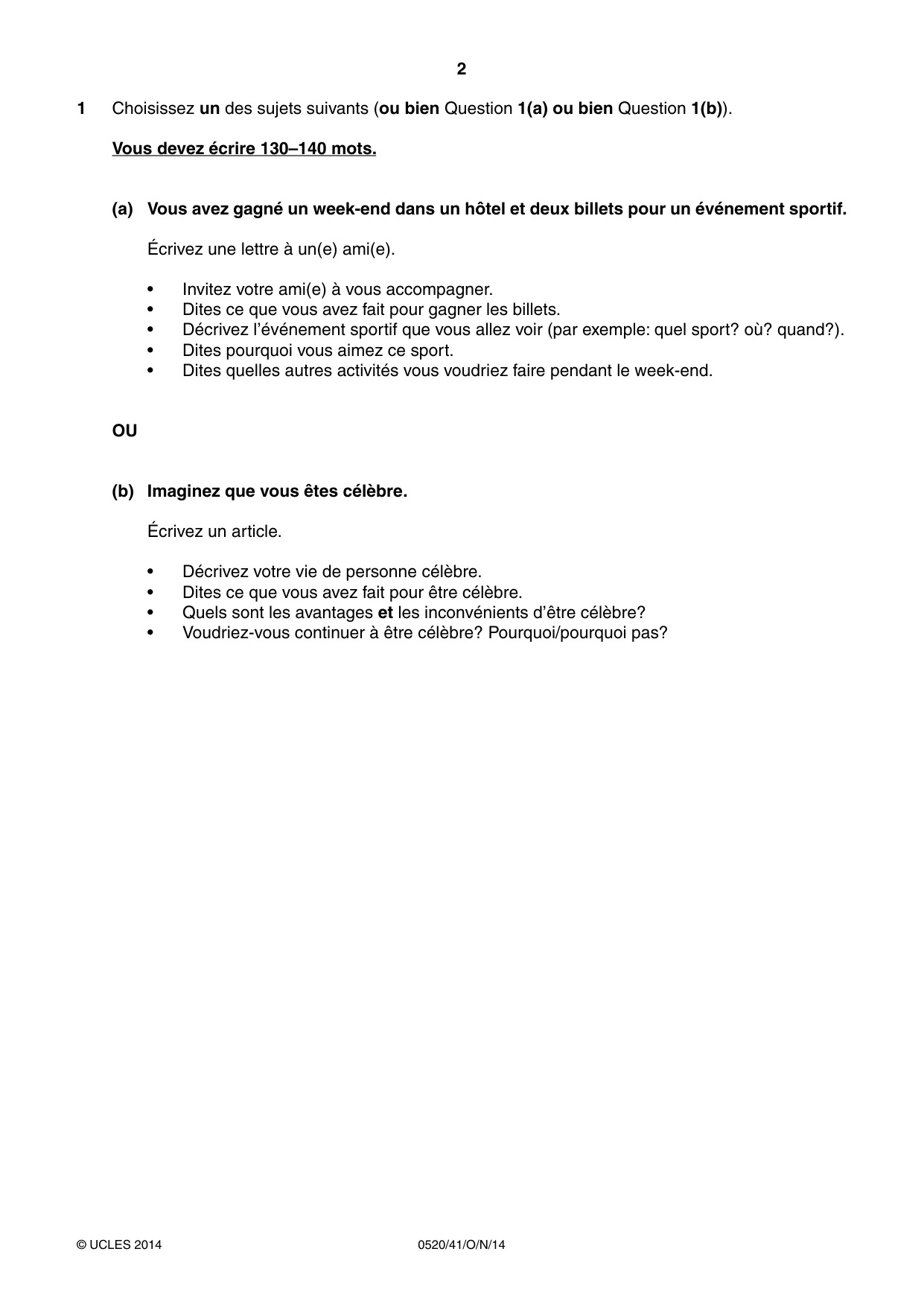 Cambridge IGCSE French - Foreign Language 0520 2014 Oct/Nov Paper 4 · Variant 1 question paper, page 2 of 4