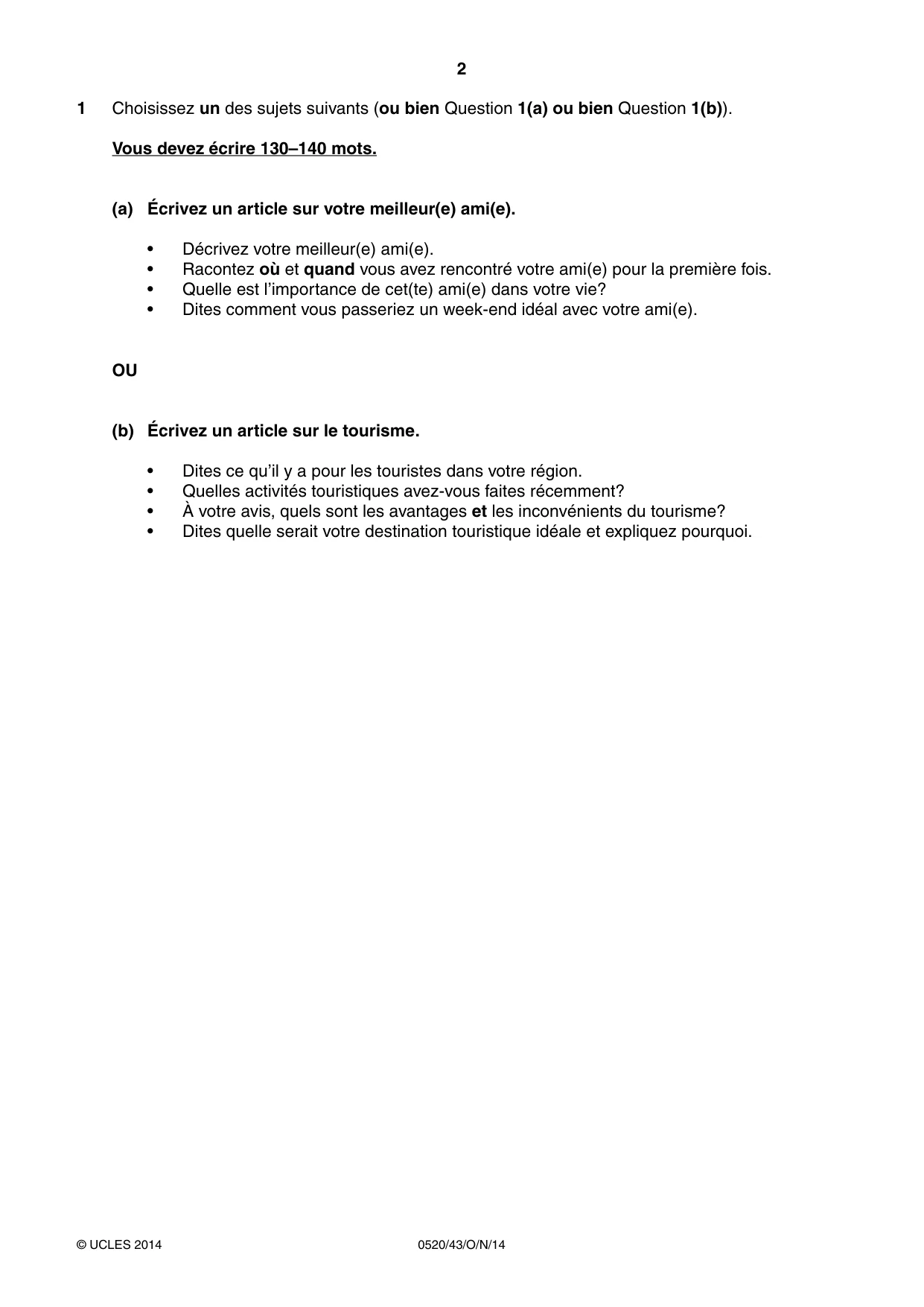 Cambridge IGCSE French - Foreign Language 0520 2014 Oct/Nov Paper 4 · Variant 3 question paper, page 2 of 4