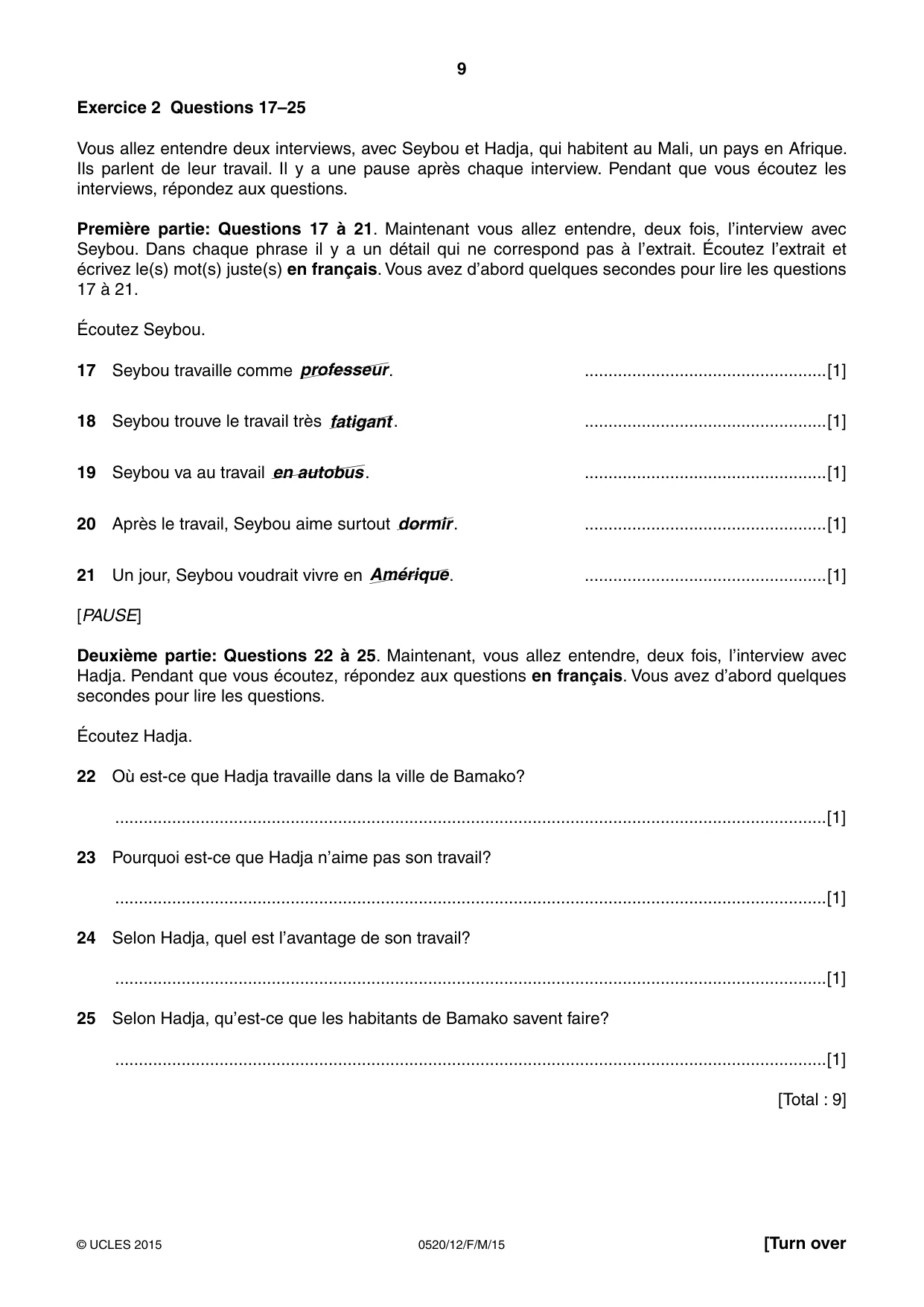 Cambridge IGCSE French - Foreign Language 0520 2015 Feb/March Paper 1 · Variant 2 question paper, page 9 of 12