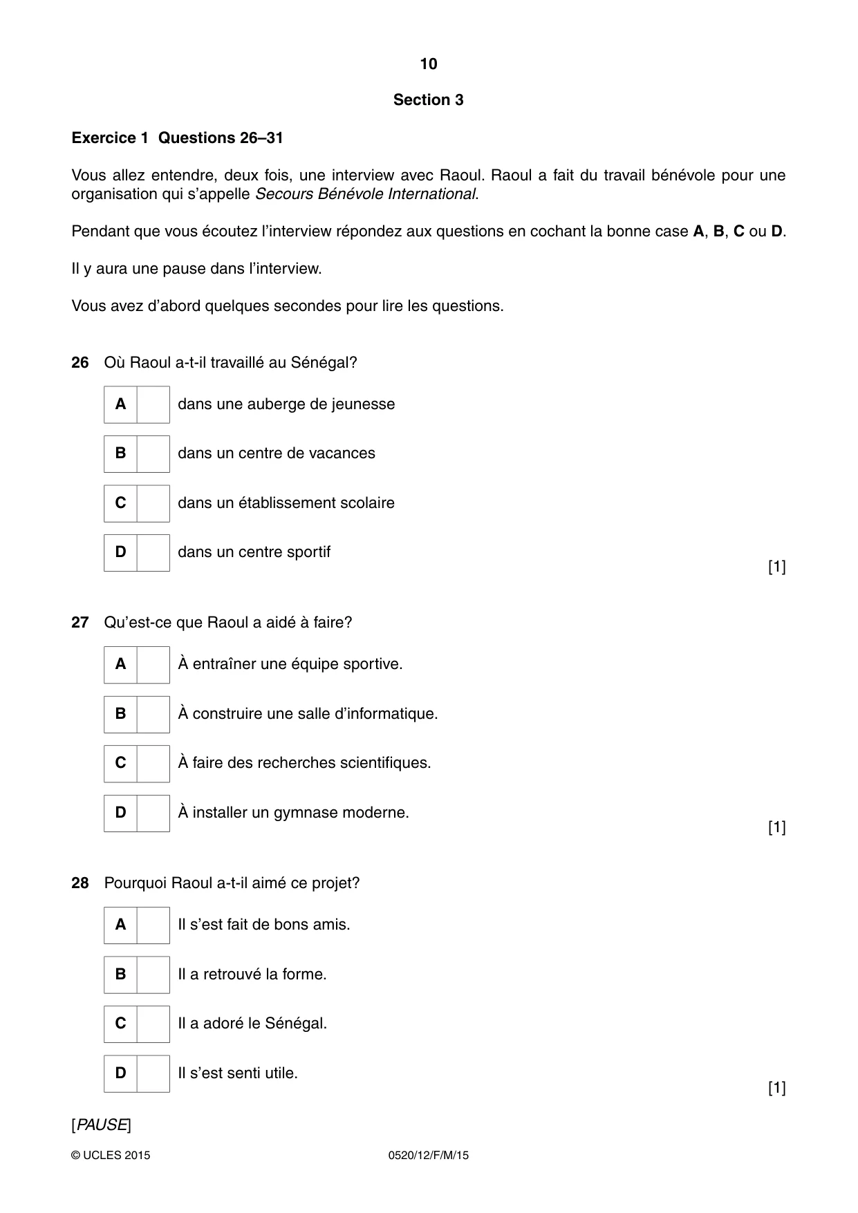 Cambridge IGCSE French - Foreign Language 0520 2015 Feb/March Paper 1 · Variant 2 question paper, page 10 of 12