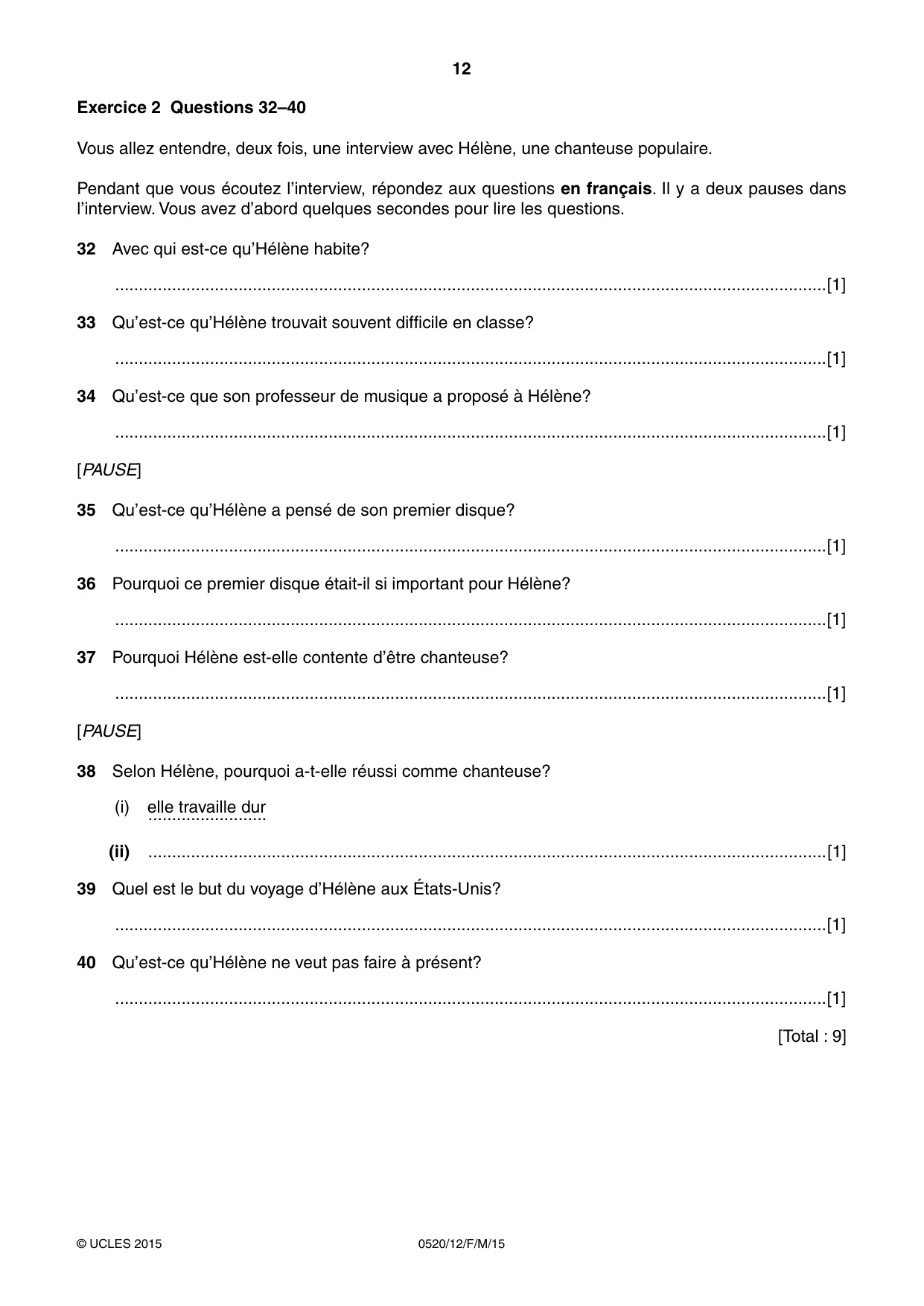 Cambridge IGCSE French - Foreign Language 0520 2015 Feb/March Paper 1 · Variant 2 question paper, page 12 of 12