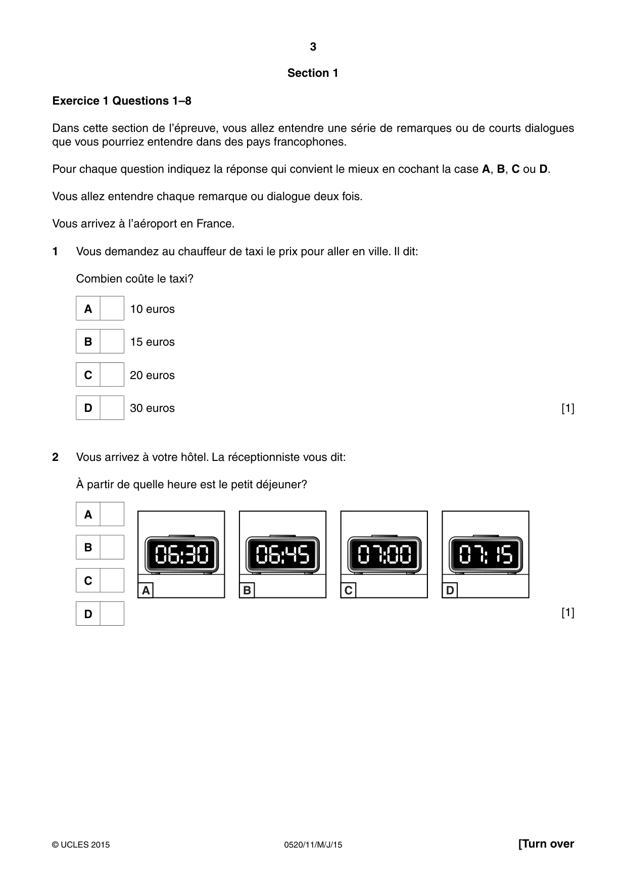 Cambridge IGCSE French - Foreign Language 0520 2015 May/June Paper 1 · Variant 1 question paper, page 3 of 12