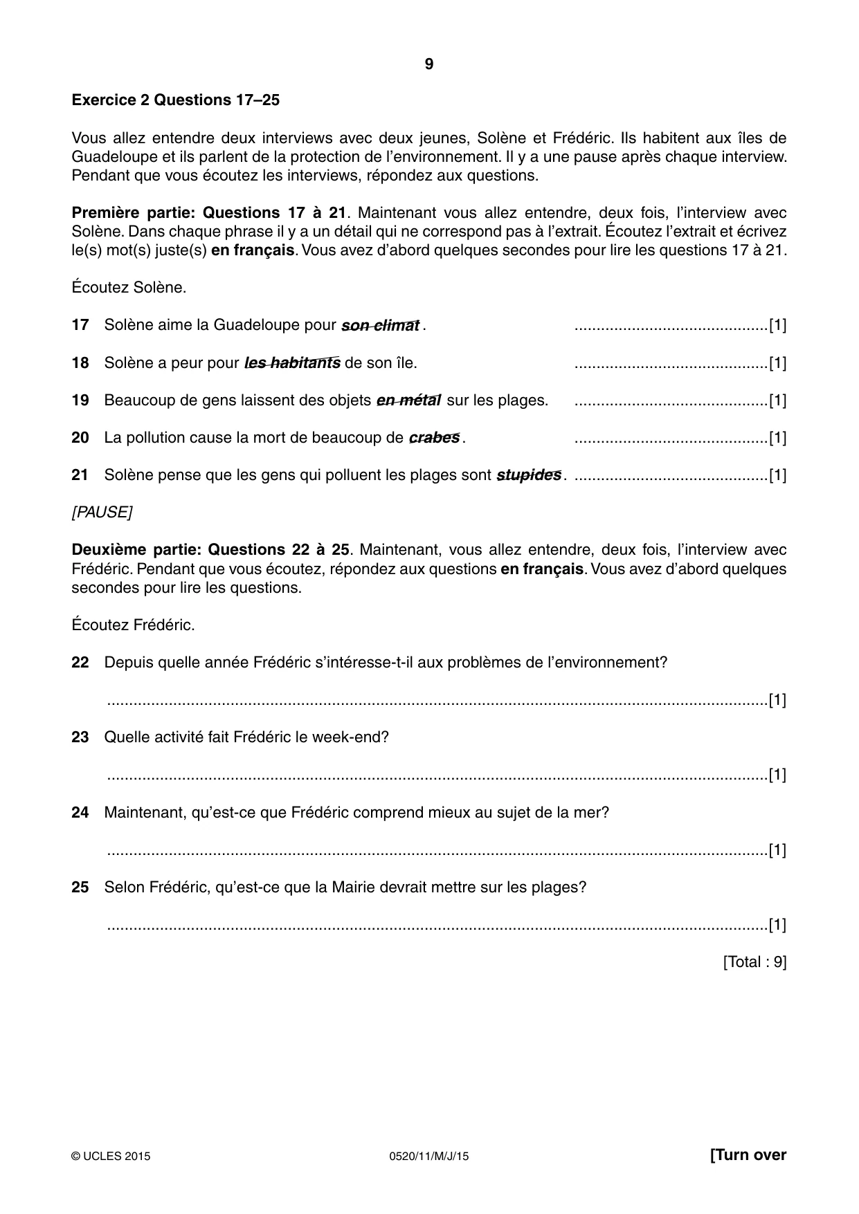Cambridge IGCSE French - Foreign Language 0520 2015 May/June Paper 1 · Variant 1 question paper, page 9 of 12