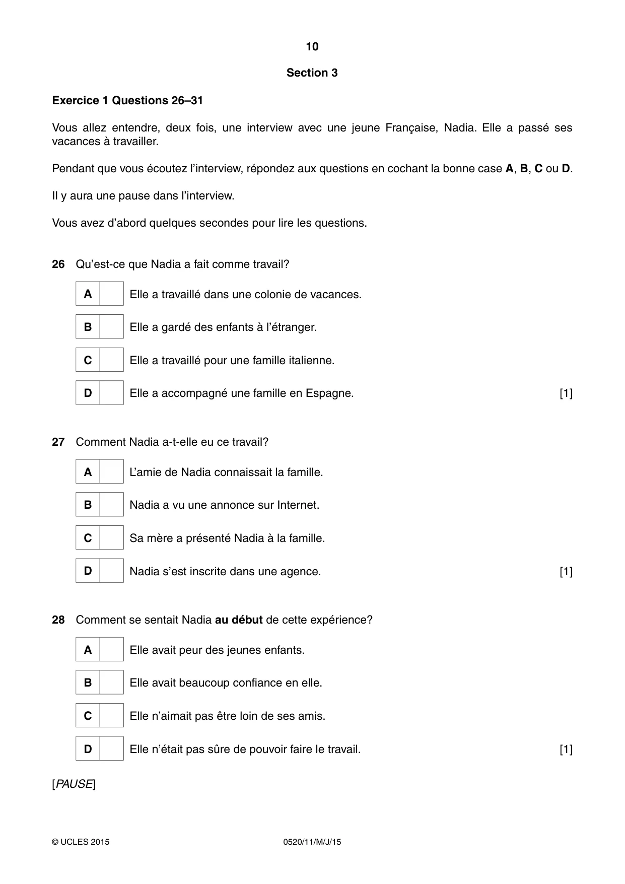 Cambridge IGCSE French - Foreign Language 0520 2015 May/June Paper 1 · Variant 1 question paper, page 10 of 12