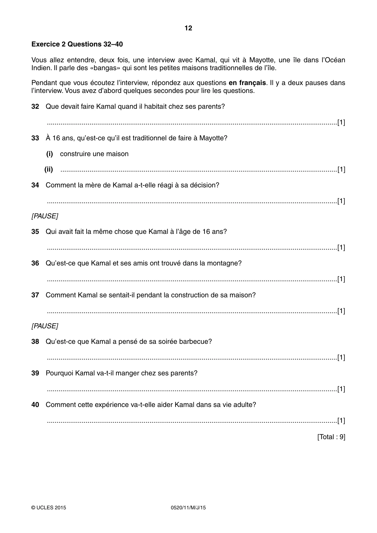 Cambridge IGCSE French - Foreign Language 0520 2015 May/June Paper 1 · Variant 1 question paper, page 12 of 12