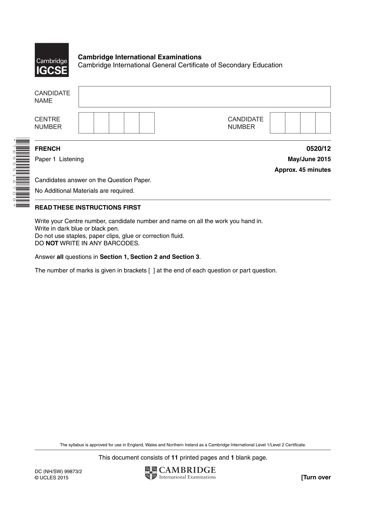 Cambridge IGCSE French - Foreign Language 0520 2015 May/June Paper 1 · Variant 2 question paper, page 1 of 12