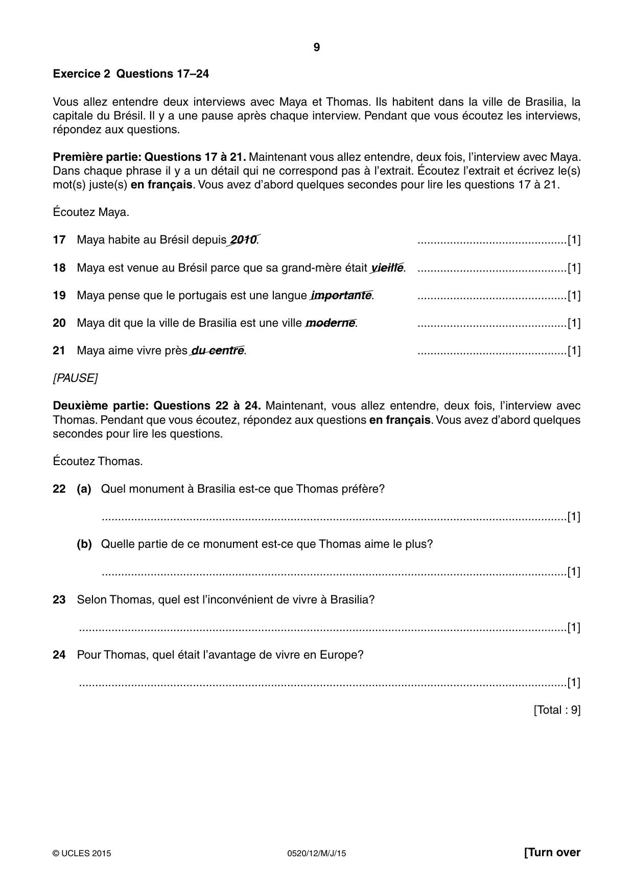 Cambridge IGCSE French - Foreign Language 0520 2015 May/June Paper 1 · Variant 2 question paper, page 9 of 12