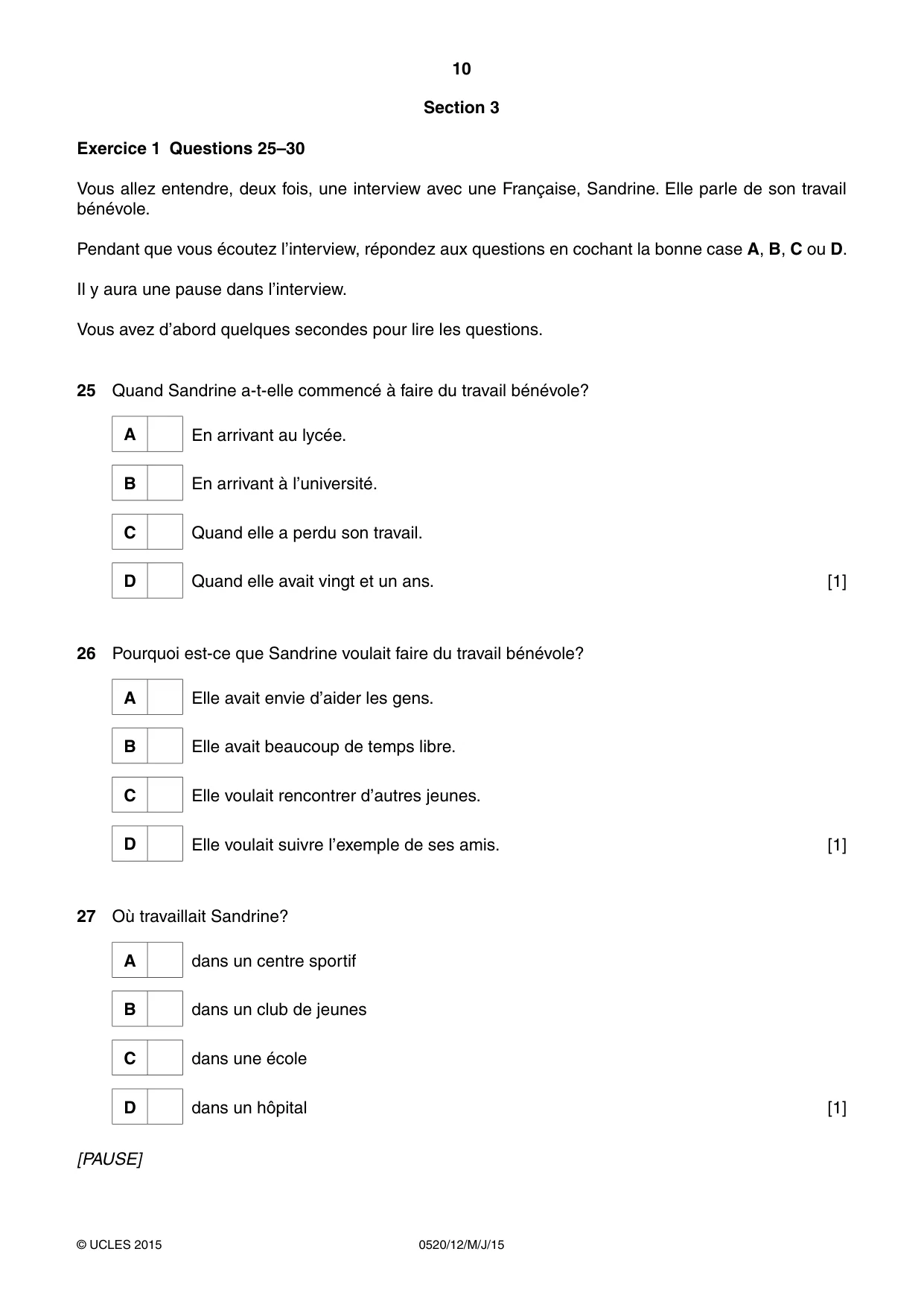 Cambridge IGCSE French - Foreign Language 0520 2015 May/June Paper 1 · Variant 2 question paper, page 10 of 12