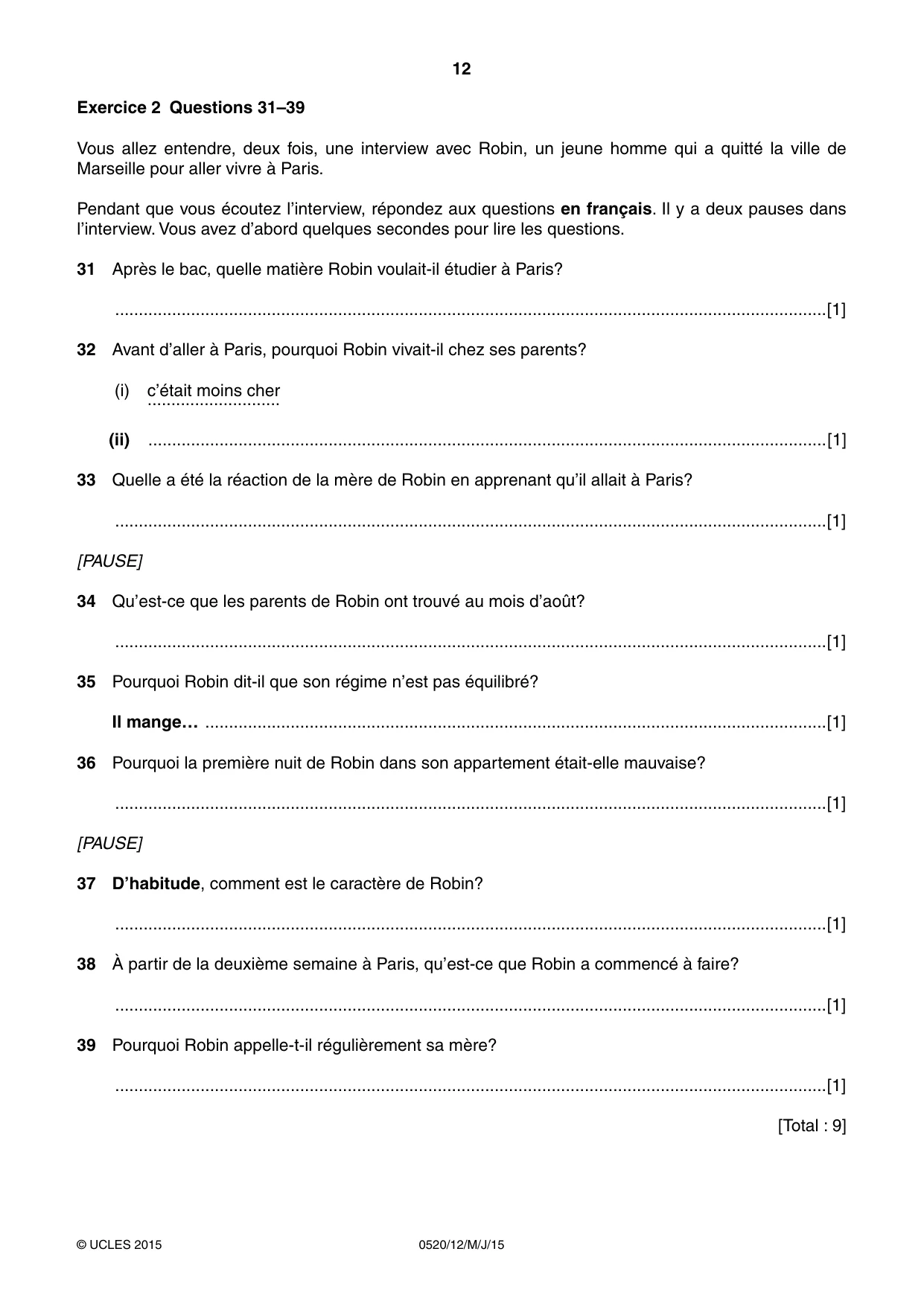 Cambridge IGCSE French - Foreign Language 0520 2015 May/June Paper 1 · Variant 2 question paper, page 12 of 12