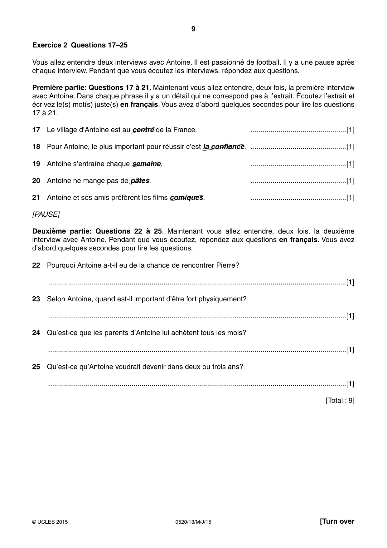 Cambridge IGCSE French - Foreign Language 0520 2015 May/June Paper 1 · Variant 3 question paper, page 9 of 12