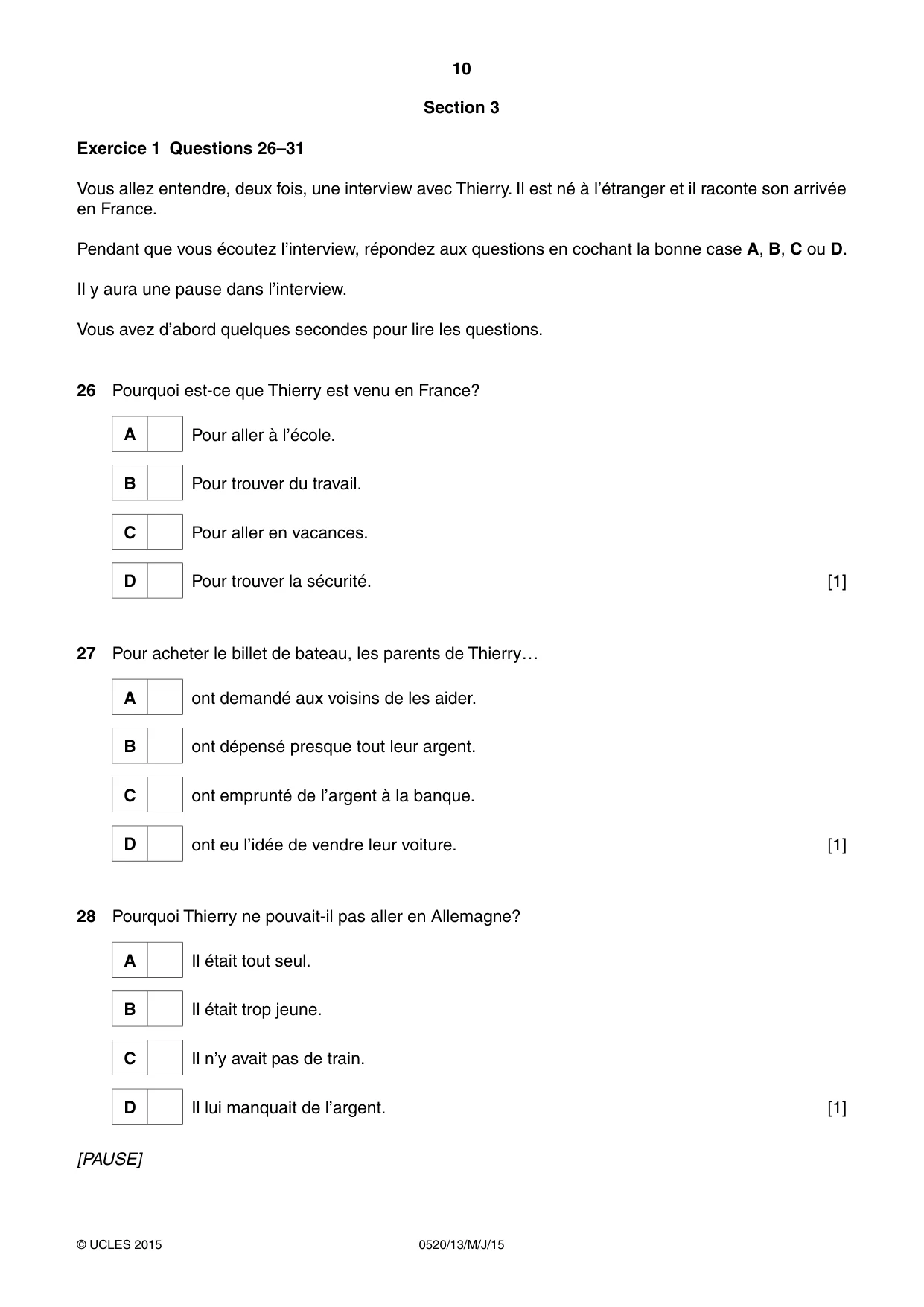 Cambridge IGCSE French - Foreign Language 0520 2015 May/June Paper 1 · Variant 3 question paper, page 10 of 12