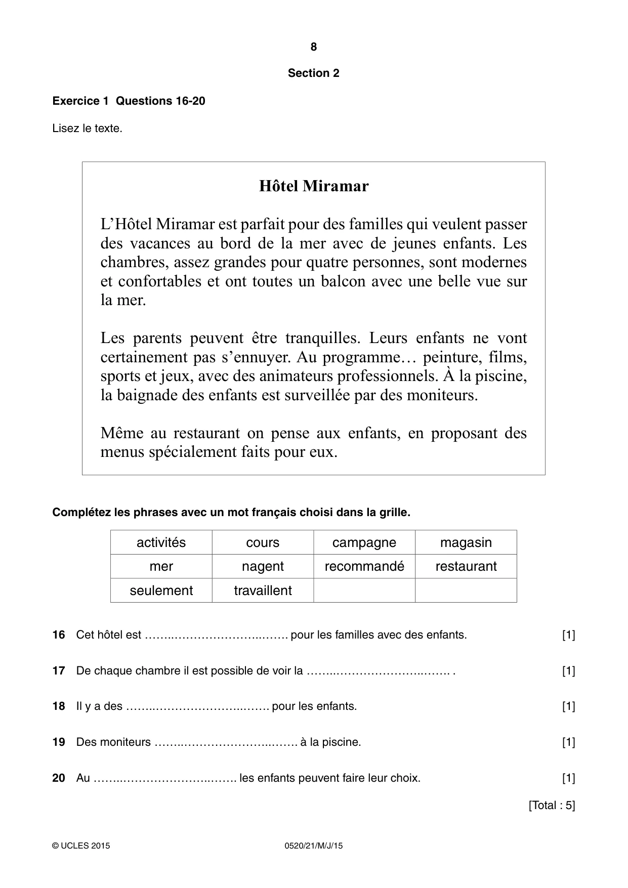 Cambridge IGCSE French - Foreign Language 0520 2015 May/June Paper 2 · Variant 1 question paper, page 8 of 16