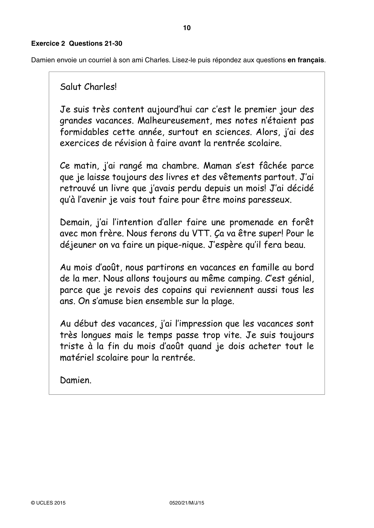 Cambridge IGCSE French - Foreign Language 0520 2015 May/June Paper 2 · Variant 1 question paper, page 10 of 16