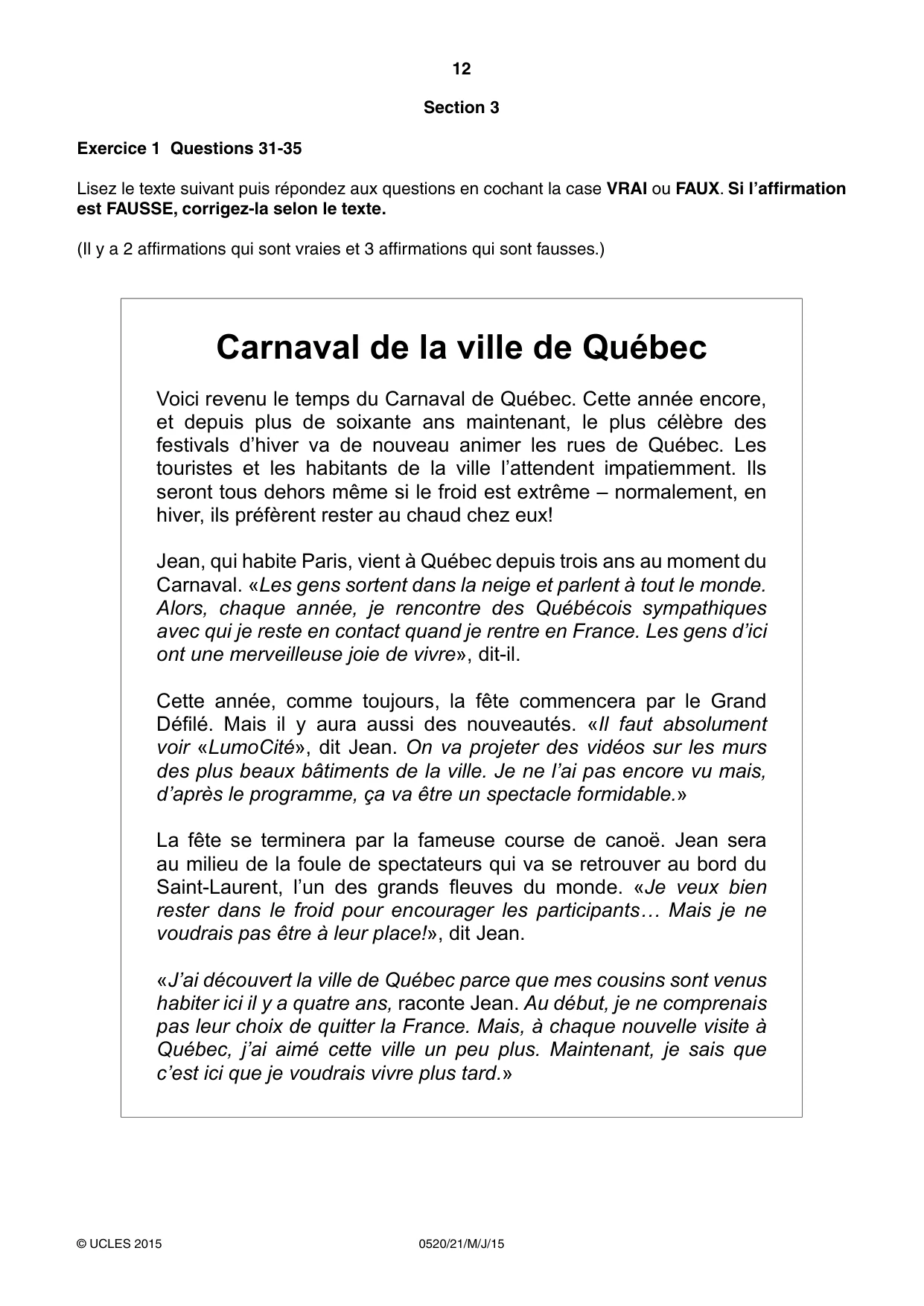 Cambridge IGCSE French - Foreign Language 0520 2015 May/June Paper 2 · Variant 1 question paper, page 12 of 16