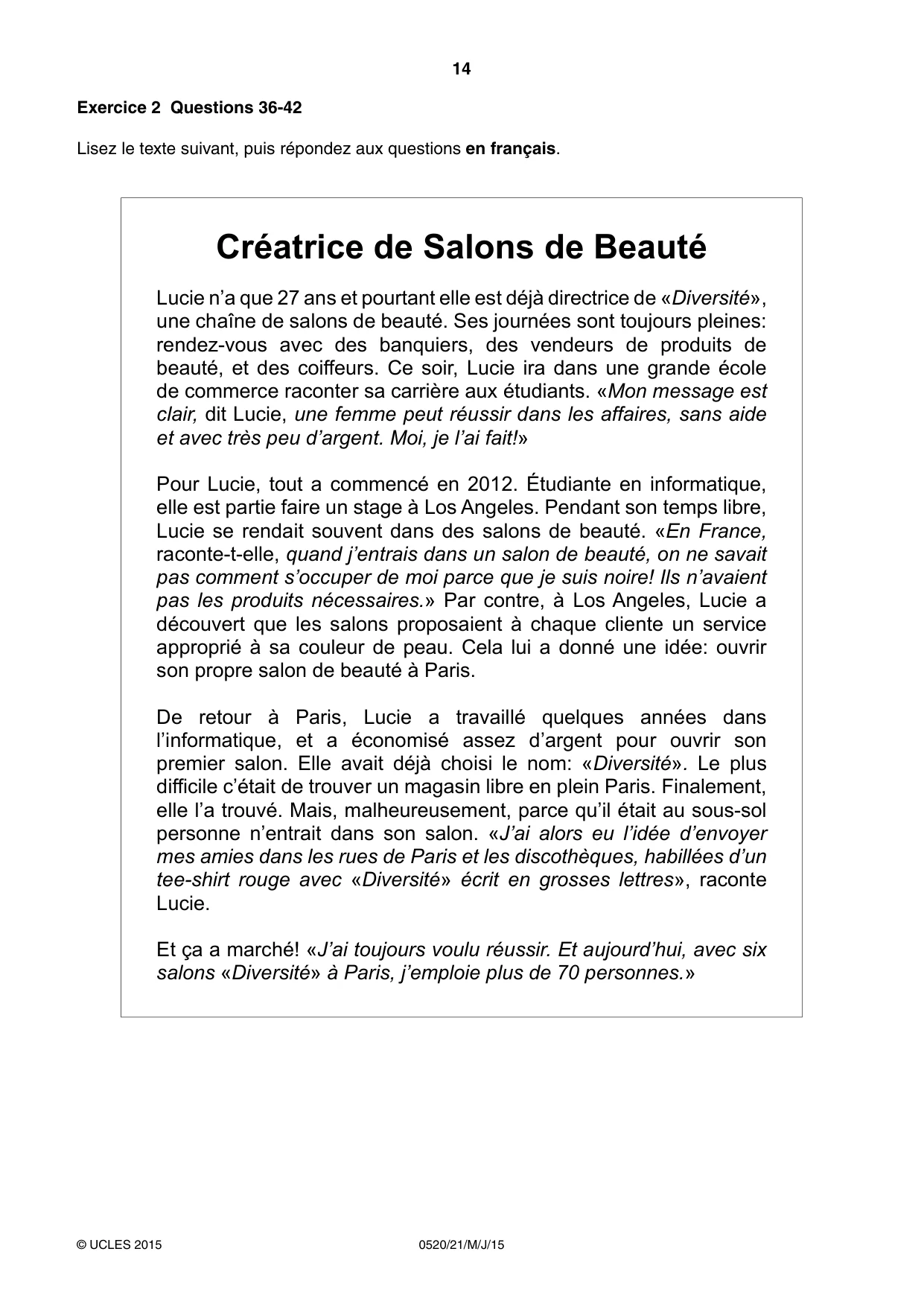 Cambridge IGCSE French - Foreign Language 0520 2015 May/June Paper 2 · Variant 1 question paper, page 14 of 16