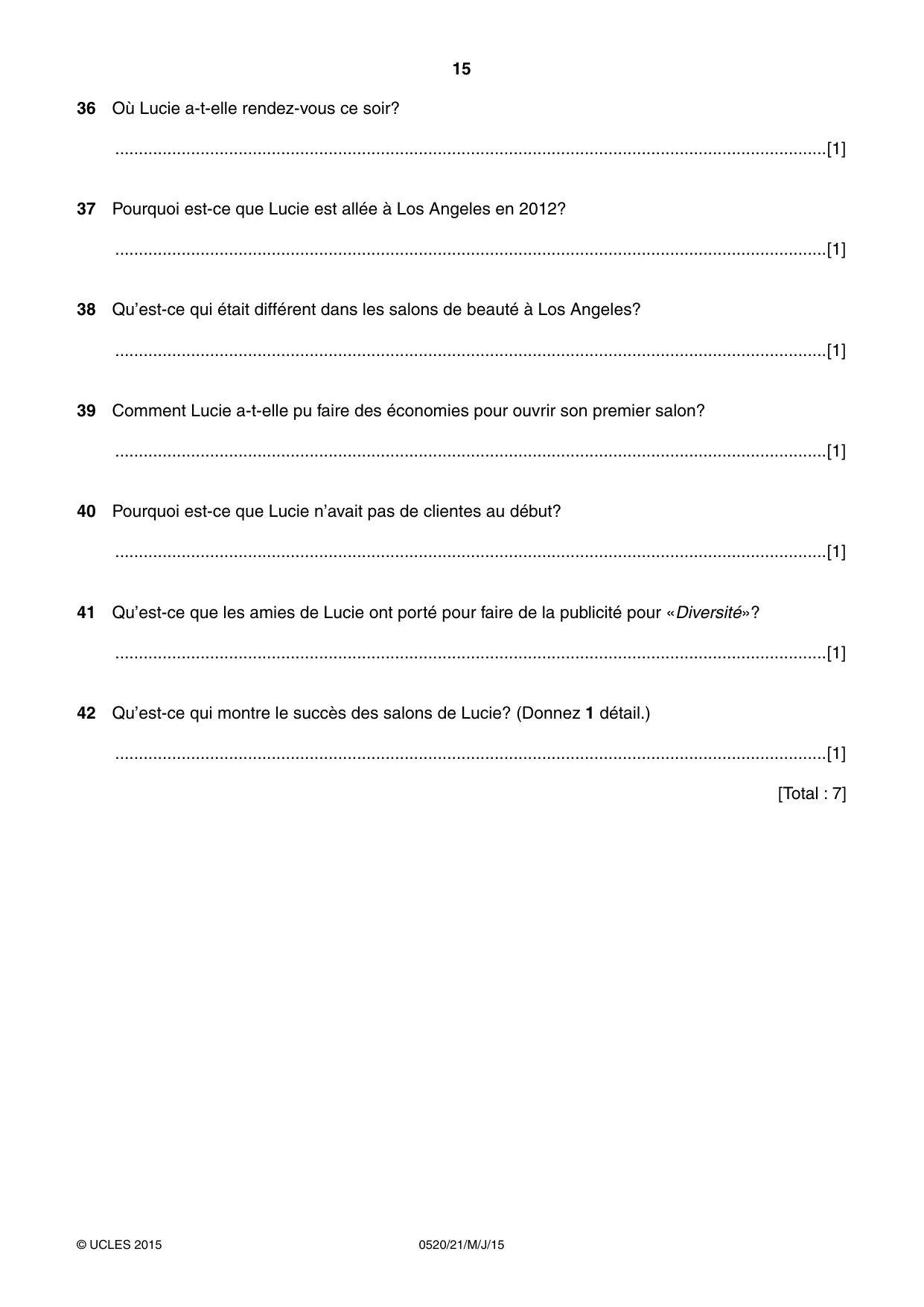 Cambridge IGCSE French - Foreign Language 0520 2015 May/June Paper 2 · Variant 1 question paper, page 15 of 16