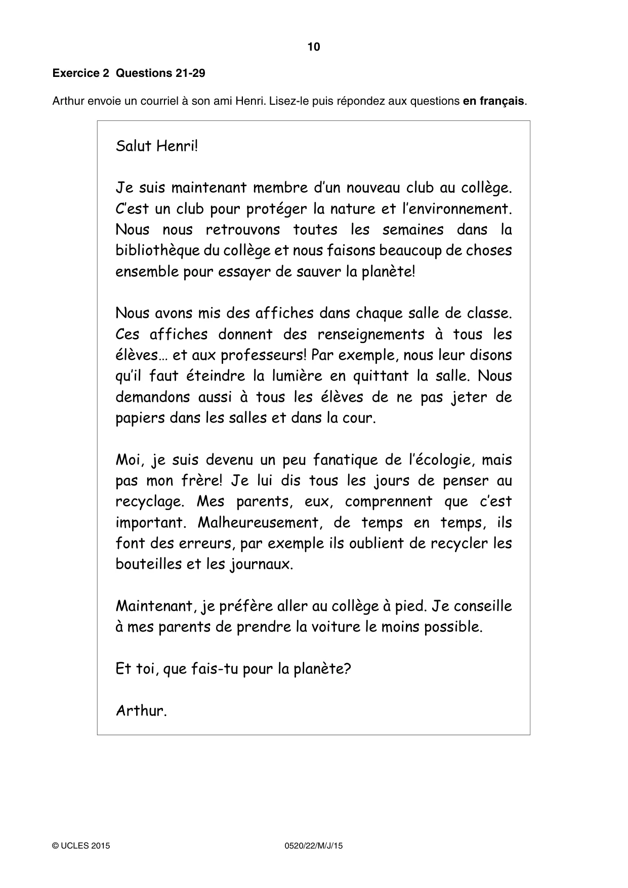 Cambridge IGCSE French - Foreign Language 0520 2015 May/June Paper 2 · Variant 2 question paper, page 10 of 16
