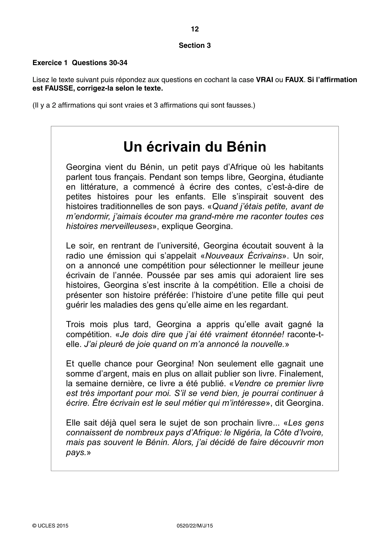 Cambridge IGCSE French - Foreign Language 0520 2015 May/June Paper 2 · Variant 2 question paper, page 12 of 16