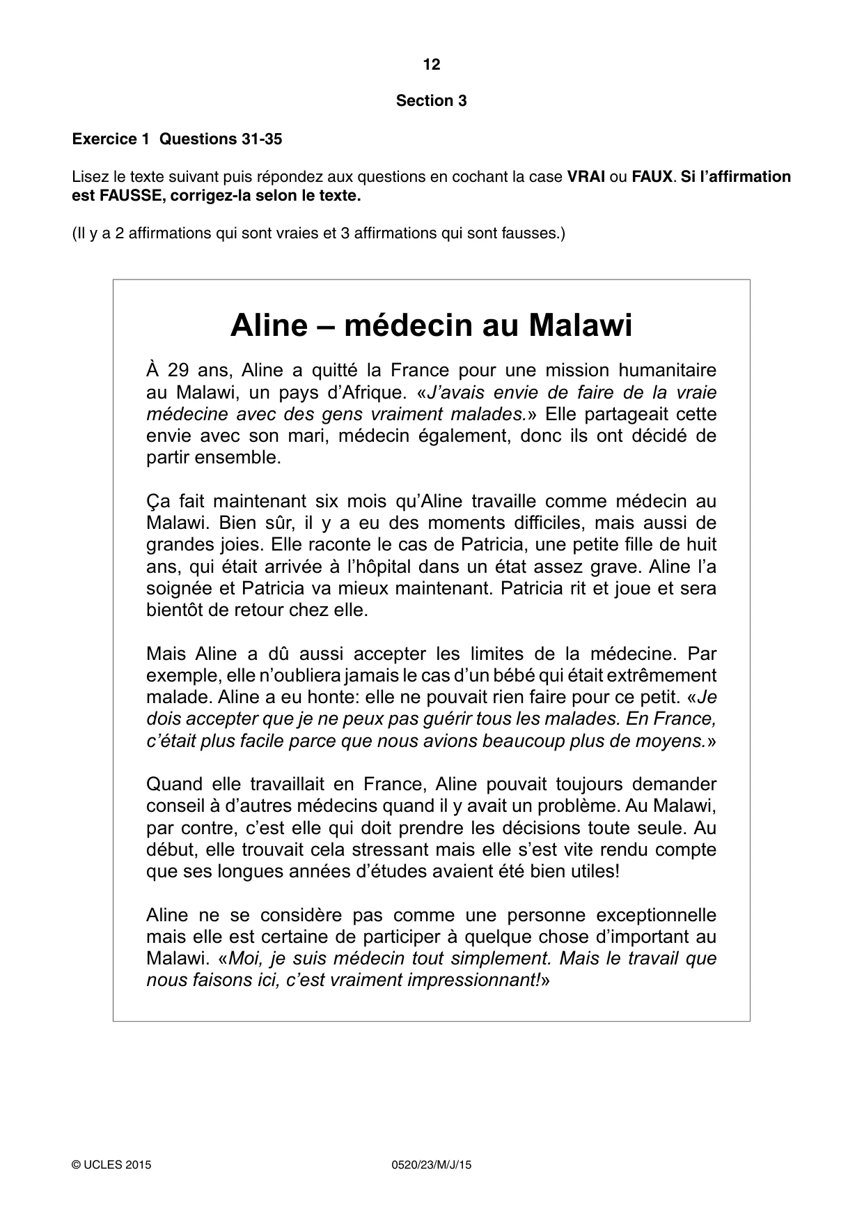 Cambridge IGCSE French - Foreign Language 0520 2015 May/June Paper 2 · Variant 3 question paper, page 12 of 16