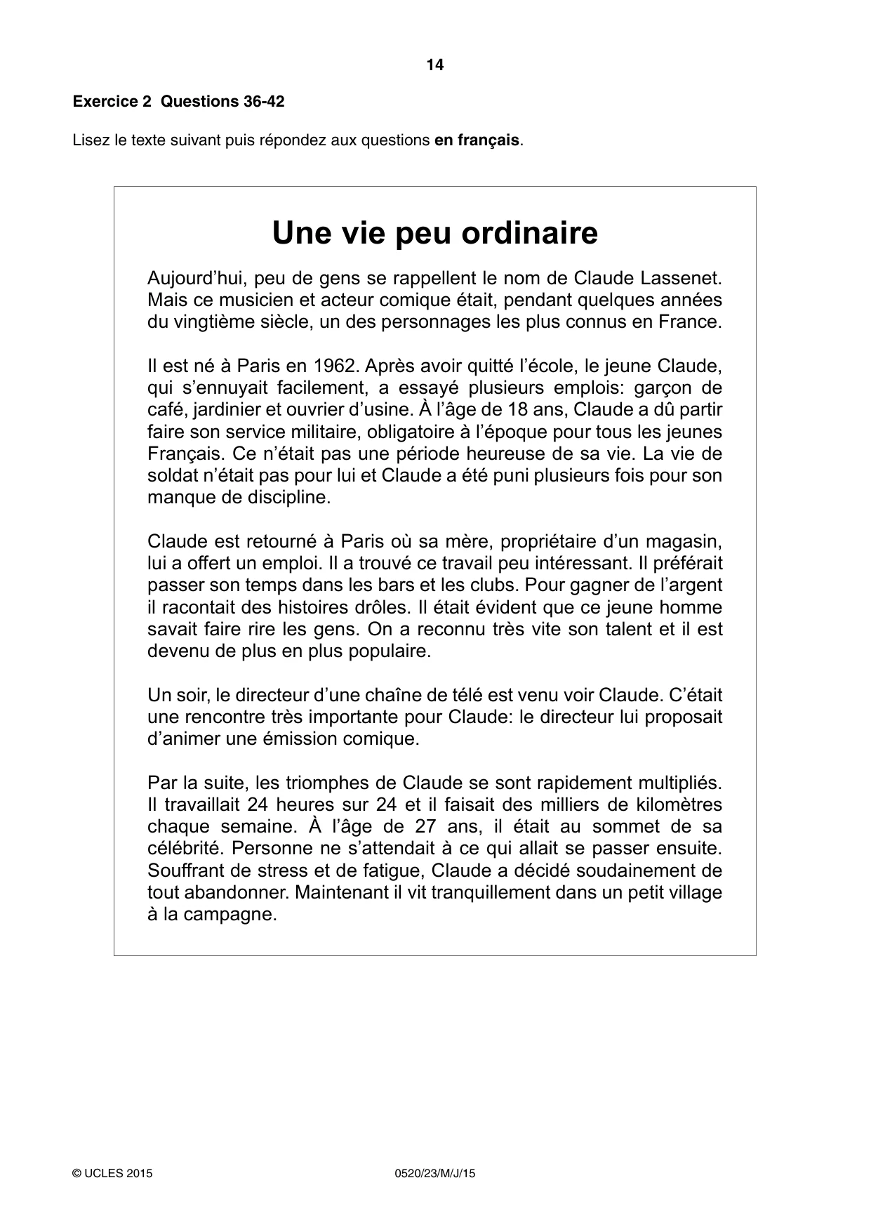 Cambridge IGCSE French - Foreign Language 0520 2015 May/June Paper 2 · Variant 3 question paper, page 14 of 16