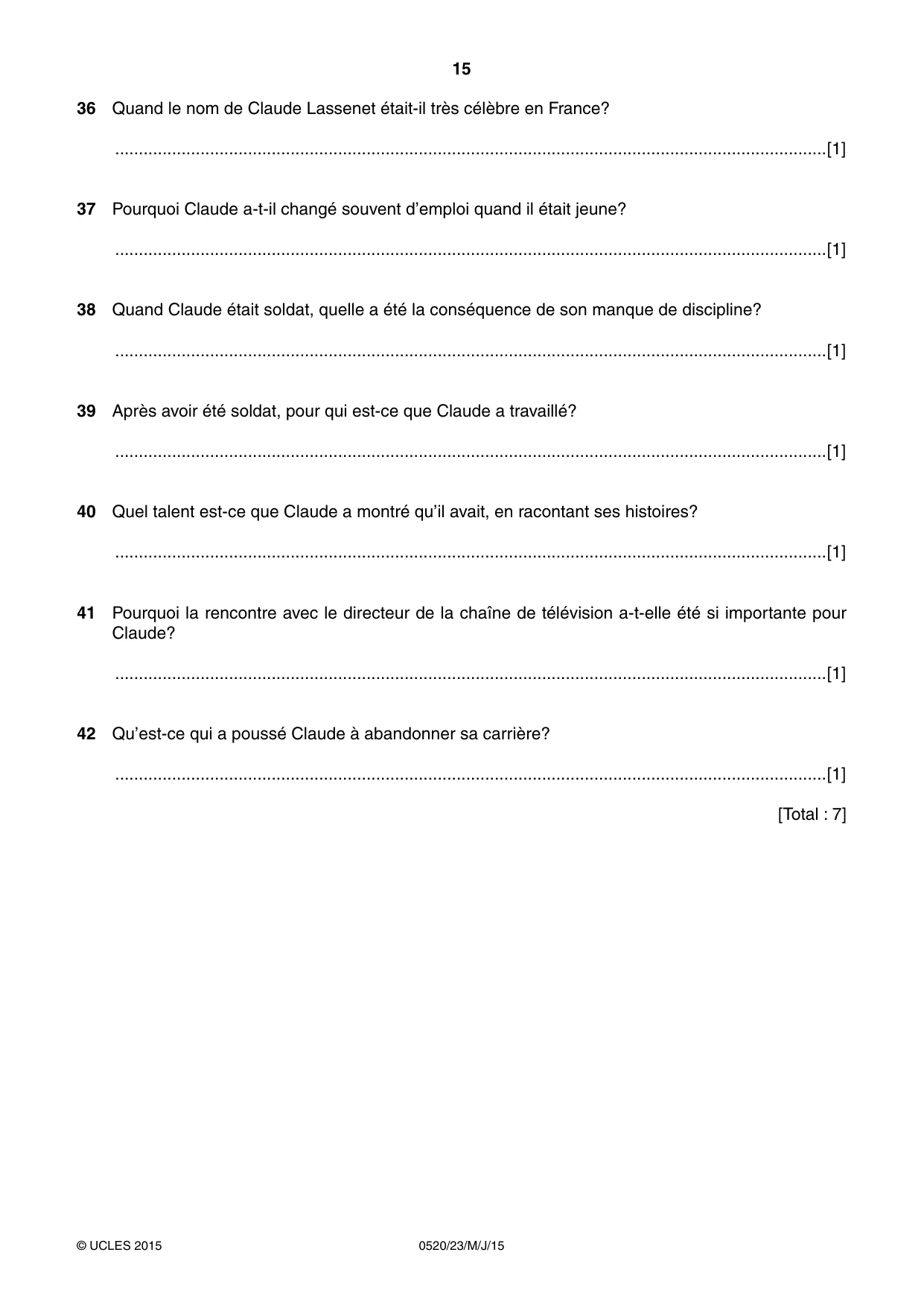 Cambridge IGCSE French - Foreign Language 0520 2015 May/June Paper 2 · Variant 3 question paper, page 15 of 16