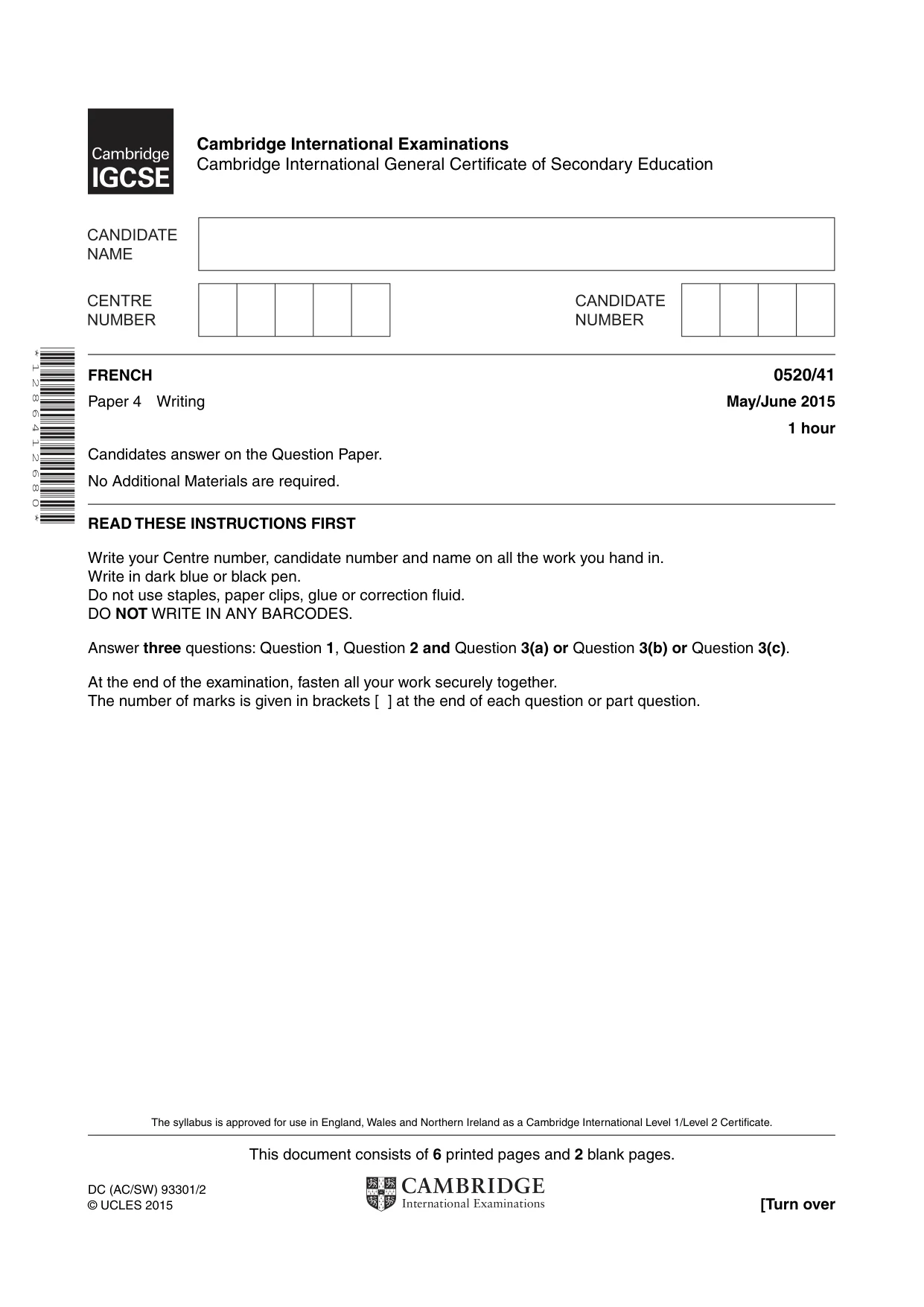 Cambridge IGCSE French - Foreign Language 0520 2015 May/June Paper 4 · Variant 1 question paper, page 1 of 8