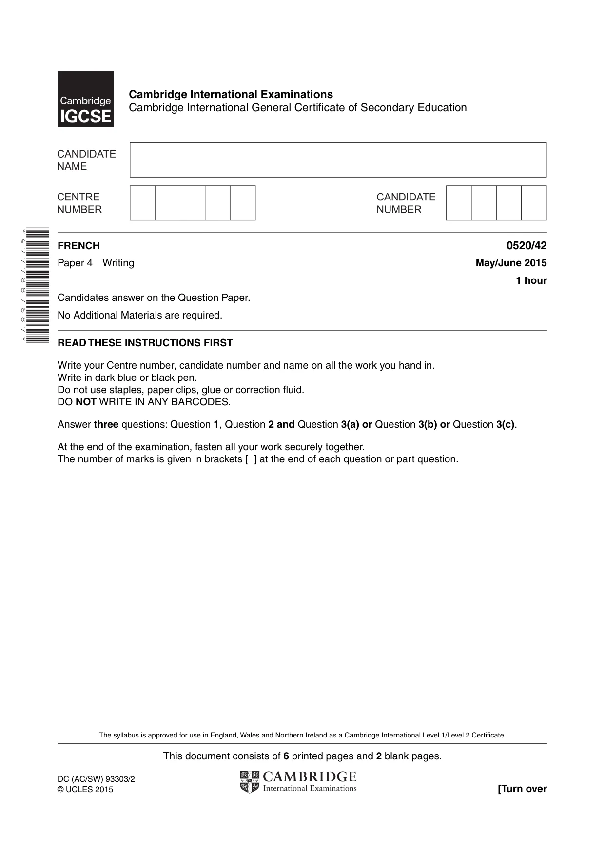 Cambridge IGCSE French - Foreign Language 0520 2015 May/June Paper 4 · Variant 2 question paper, page 1 of 8