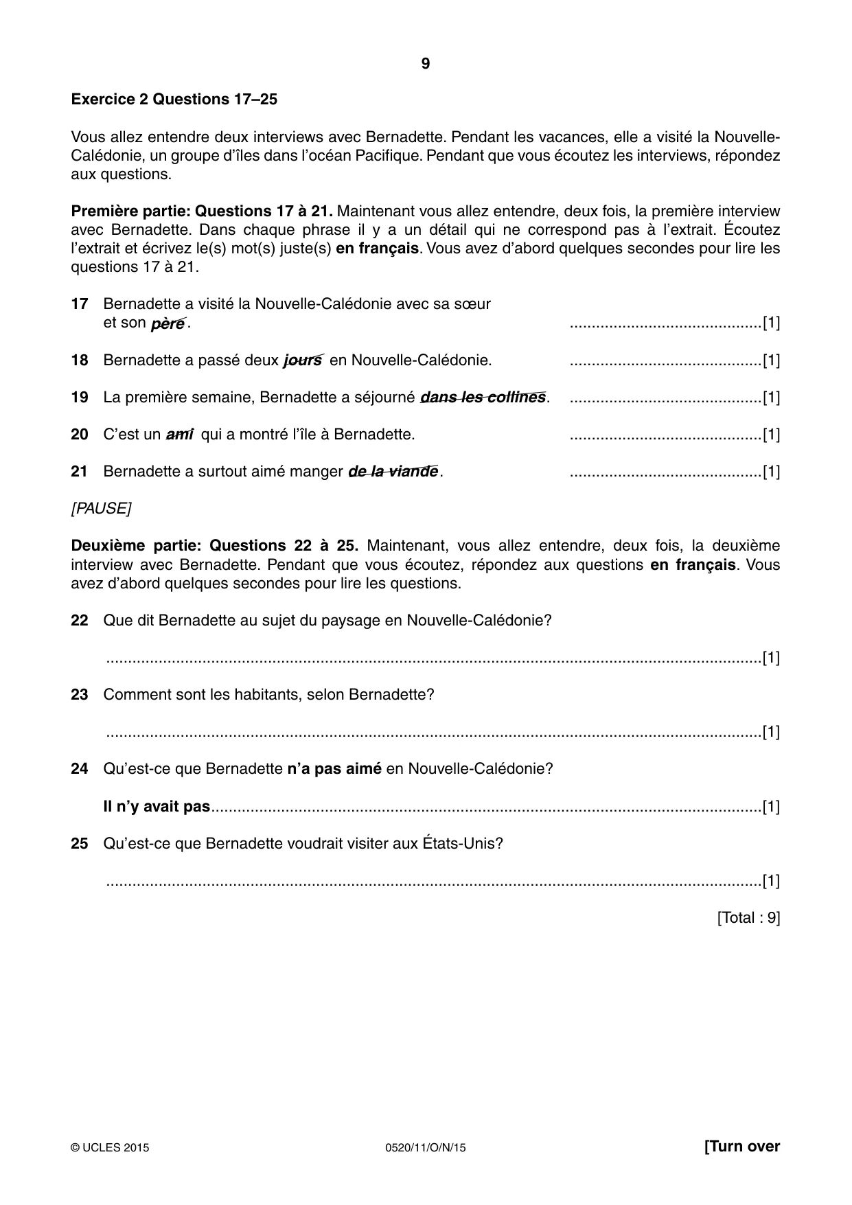 Cambridge IGCSE French - Foreign Language 0520 2015 Oct/Nov Paper 1 · Variant 1 question paper, page 9 of 12