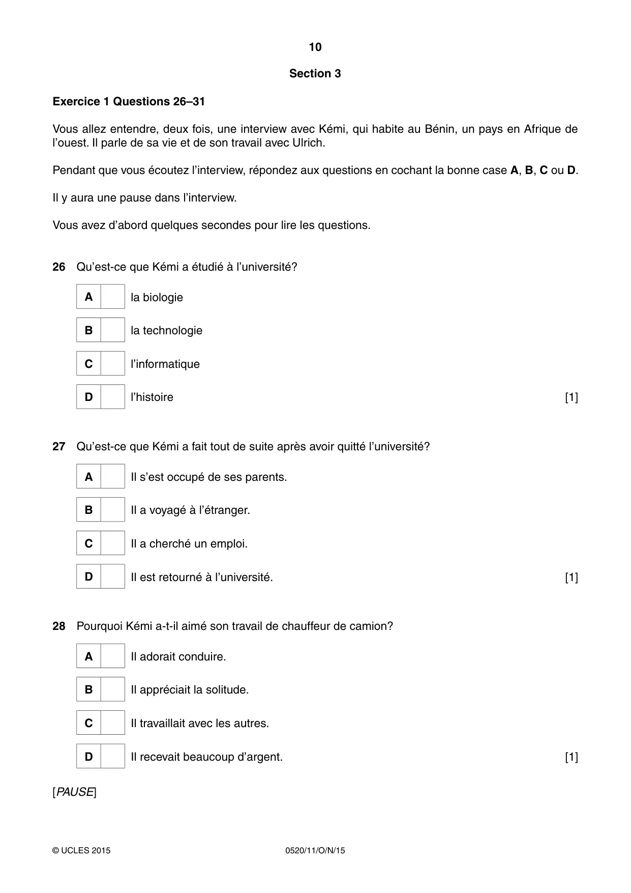 Cambridge IGCSE French - Foreign Language 0520 2015 Oct/Nov Paper 1 · Variant 1 question paper, page 10 of 12