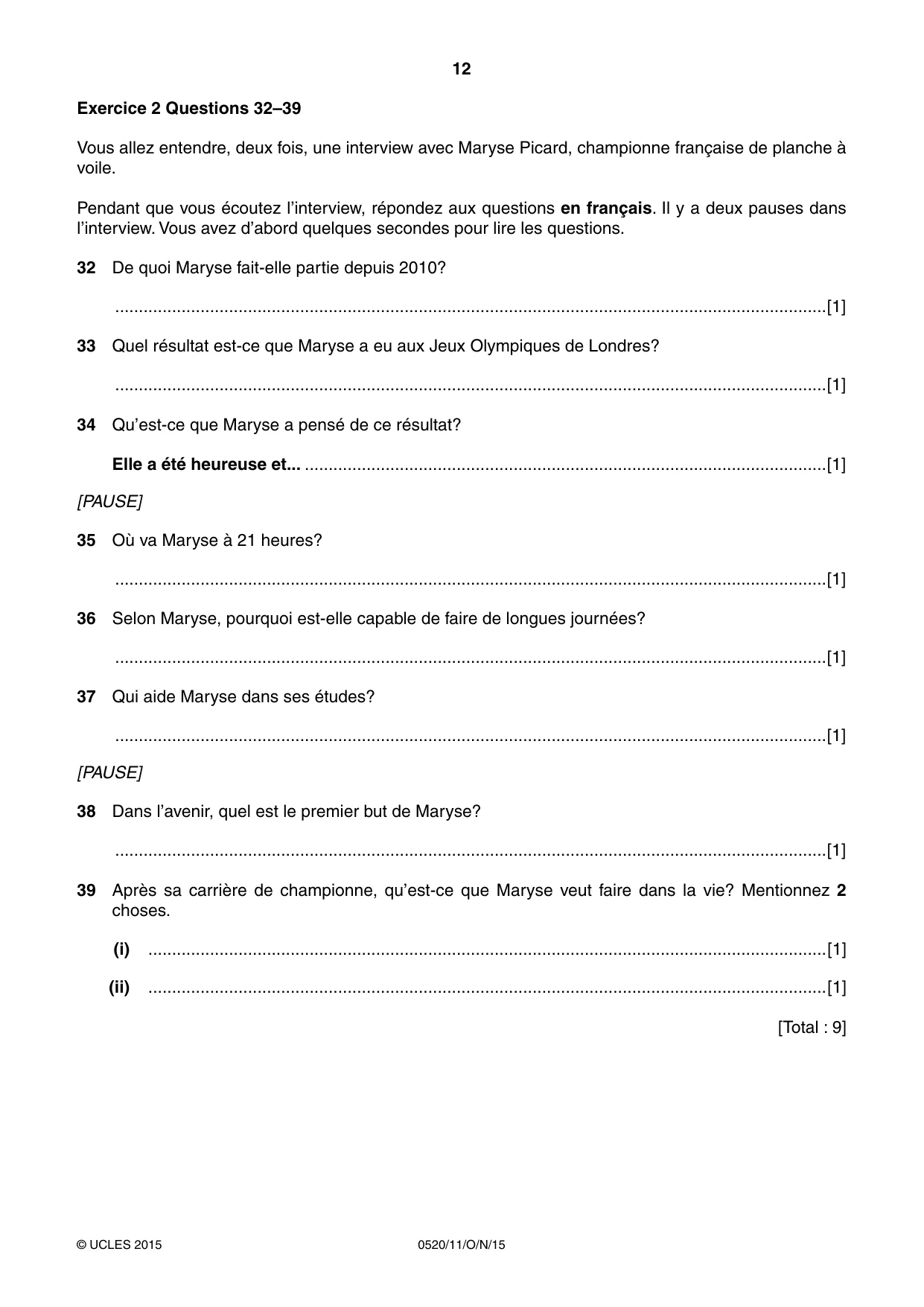 Cambridge IGCSE French - Foreign Language 0520 2015 Oct/Nov Paper 1 · Variant 1 question paper, page 12 of 12
