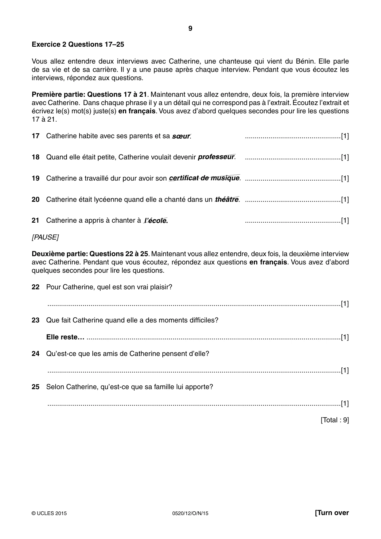 Cambridge IGCSE French - Foreign Language 0520 2015 Oct/Nov Paper 1 · Variant 2 question paper, page 9 of 12