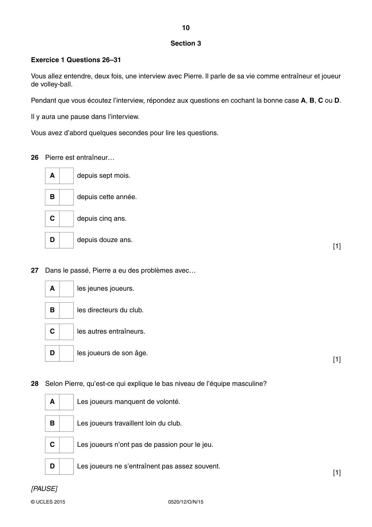 Cambridge IGCSE French - Foreign Language 0520 2015 Oct/Nov Paper 1 · Variant 2 question paper, page 10 of 12