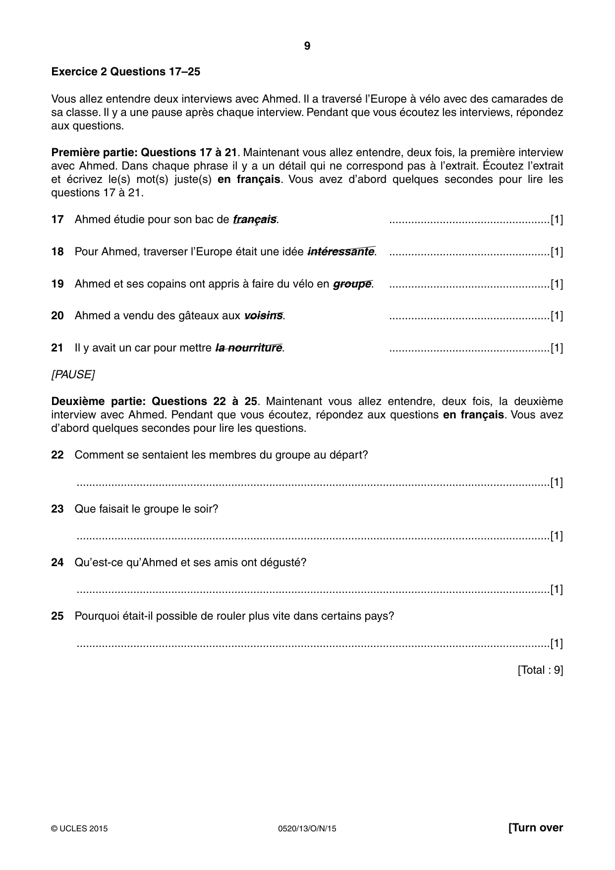 Cambridge IGCSE French - Foreign Language 0520 2015 Oct/Nov Paper 1 · Variant 3 question paper, page 9 of 12