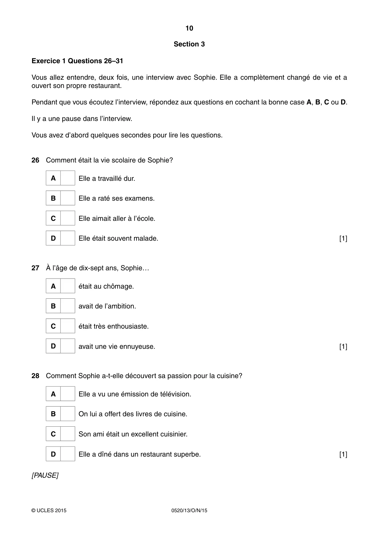Cambridge IGCSE French - Foreign Language 0520 2015 Oct/Nov Paper 1 · Variant 3 question paper, page 10 of 12