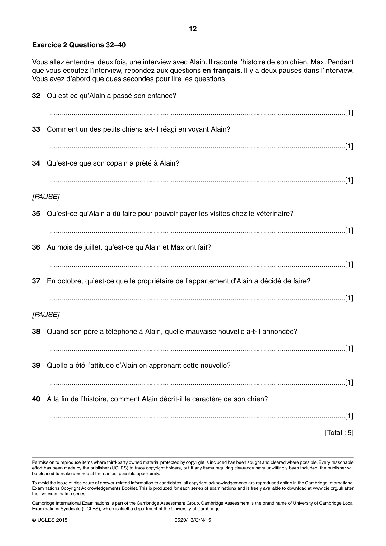 Cambridge IGCSE French - Foreign Language 0520 2015 Oct/Nov Paper 1 · Variant 3 question paper, page 12 of 12