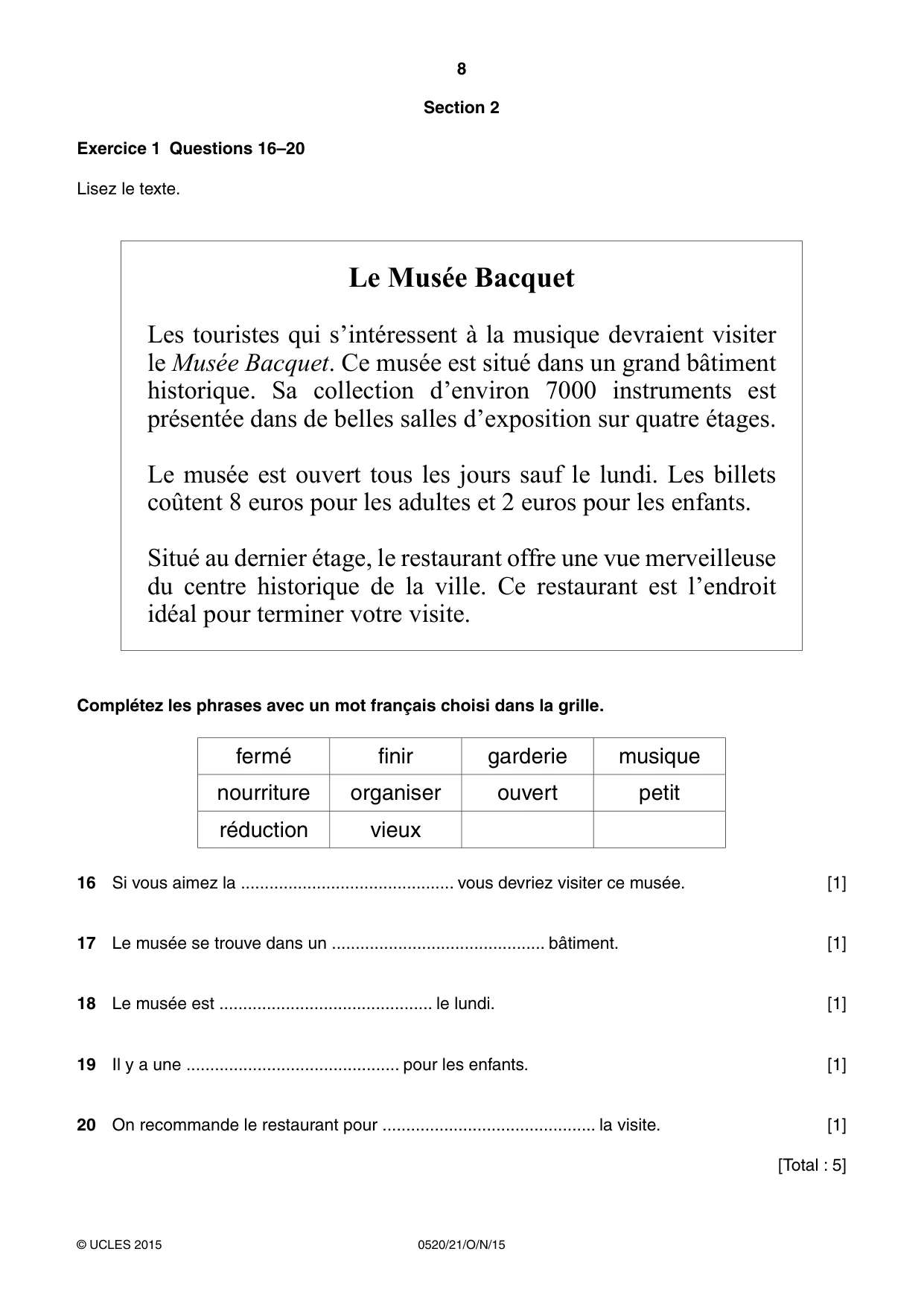 Cambridge IGCSE French - Foreign Language 0520 2015 Oct/Nov Paper 2 · Variant 1 question paper, page 8 of 16