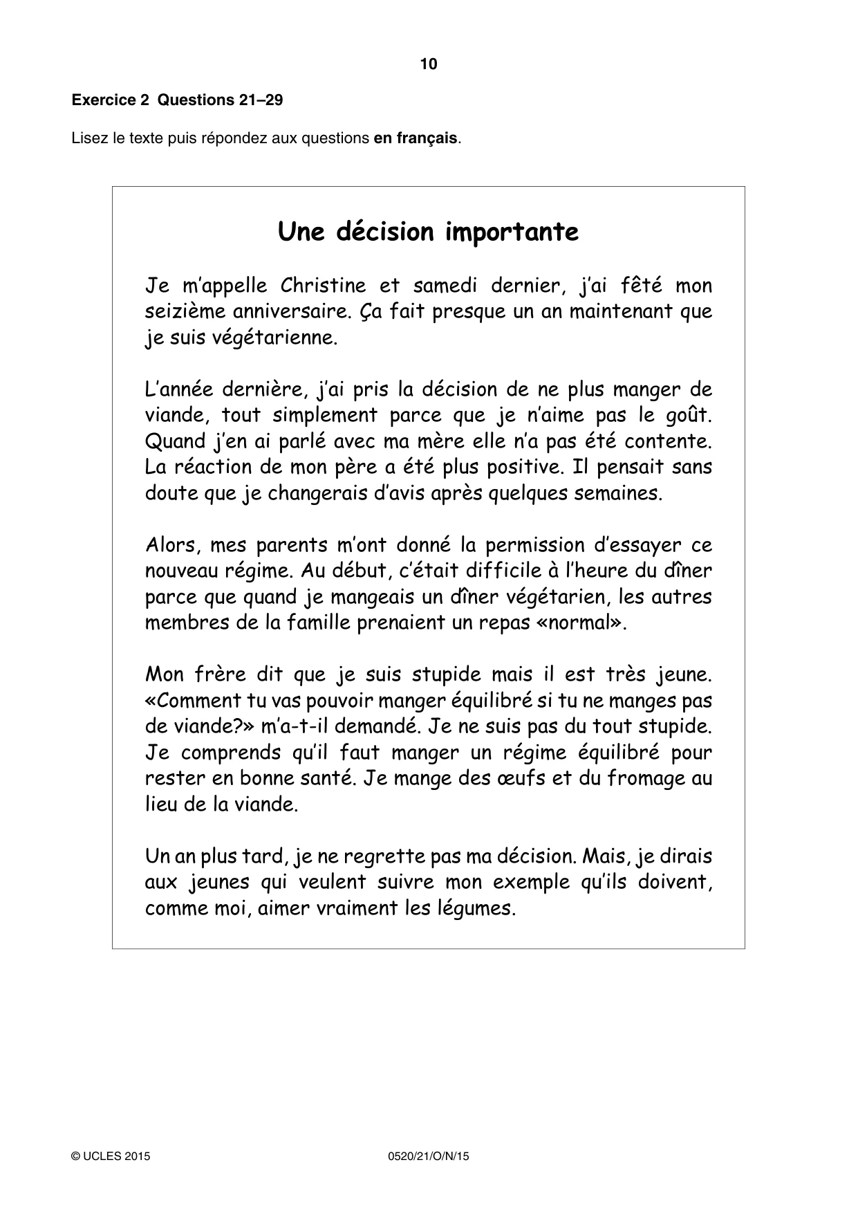 Cambridge IGCSE French - Foreign Language 0520 2015 Oct/Nov Paper 2 · Variant 1 question paper, page 10 of 16