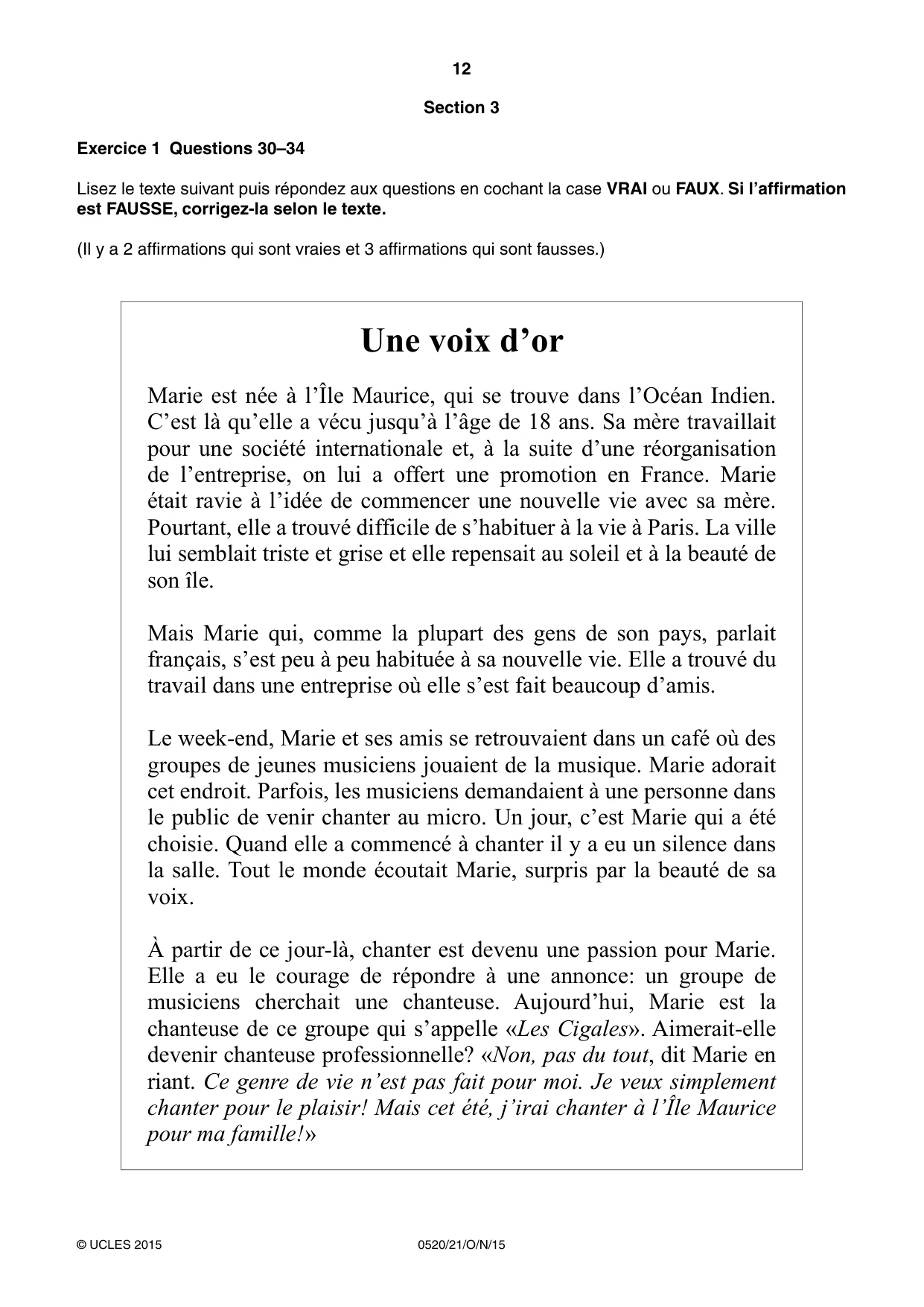 Cambridge IGCSE French - Foreign Language 0520 2015 Oct/Nov Paper 2 · Variant 1 question paper, page 12 of 16