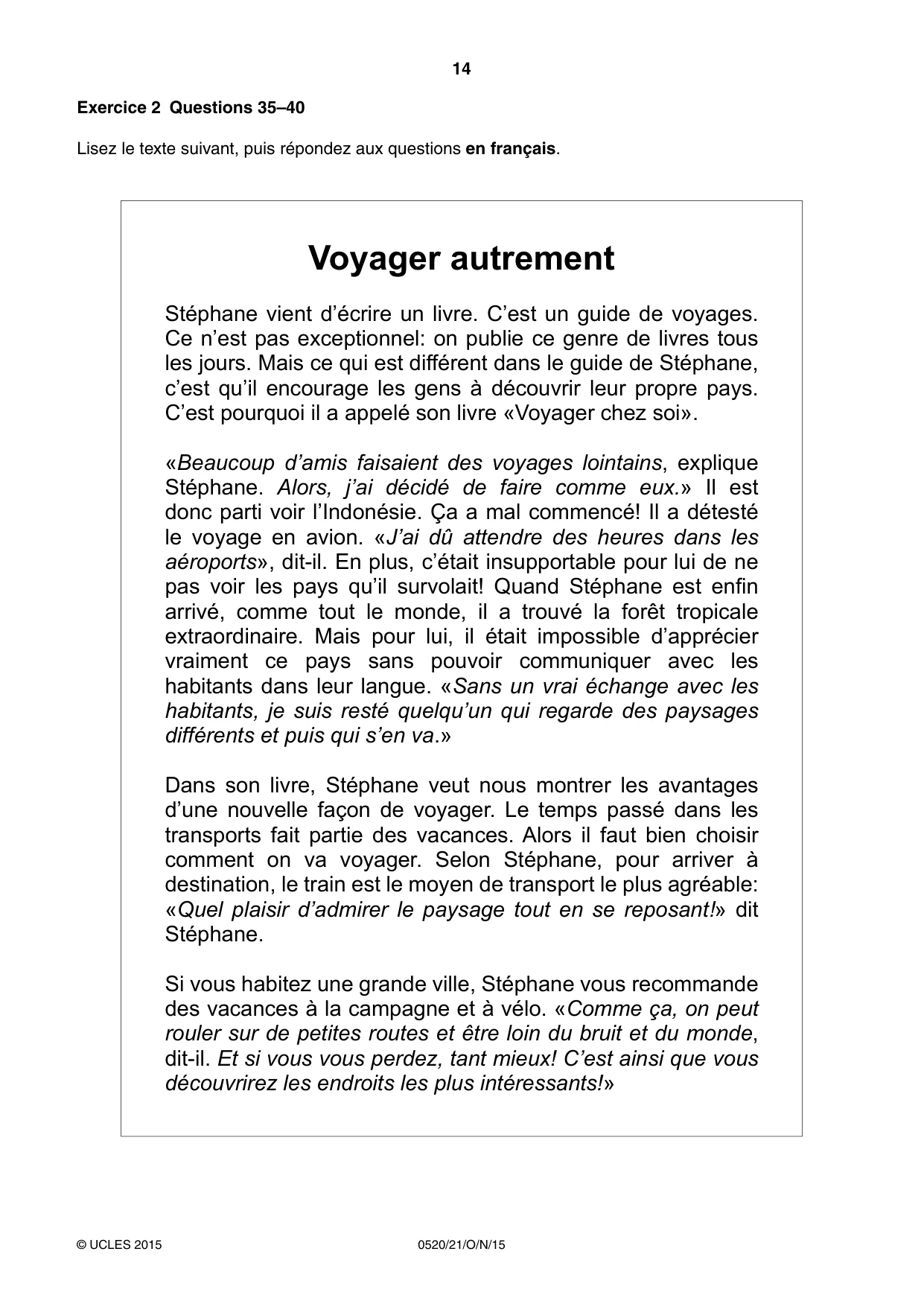 Cambridge IGCSE French - Foreign Language 0520 2015 Oct/Nov Paper 2 · Variant 1 question paper, page 14 of 16
