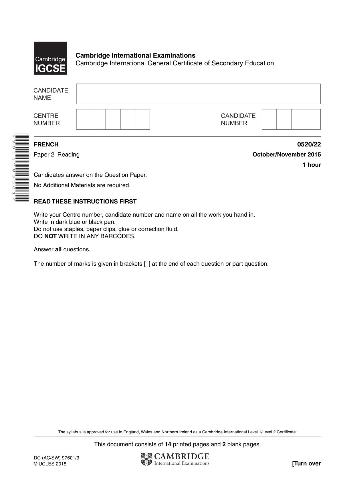 Cambridge IGCSE French - Foreign Language 0520 2015 Oct/Nov Paper 2 · Variant 2 question paper, page 1 of 16