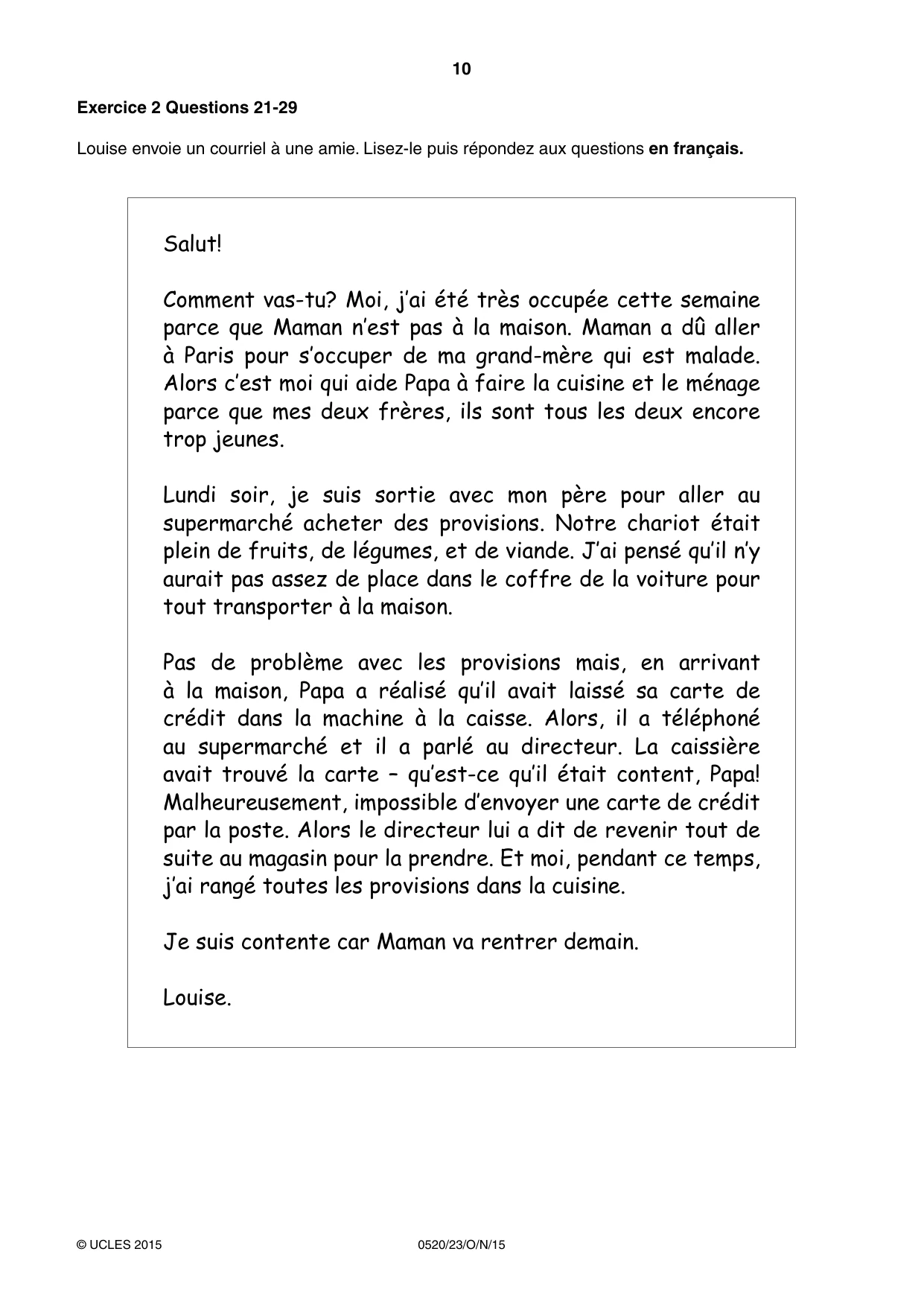 Cambridge IGCSE French - Foreign Language 0520 2015 Oct/Nov Paper 2 · Variant 3 question paper, page 10 of 16
