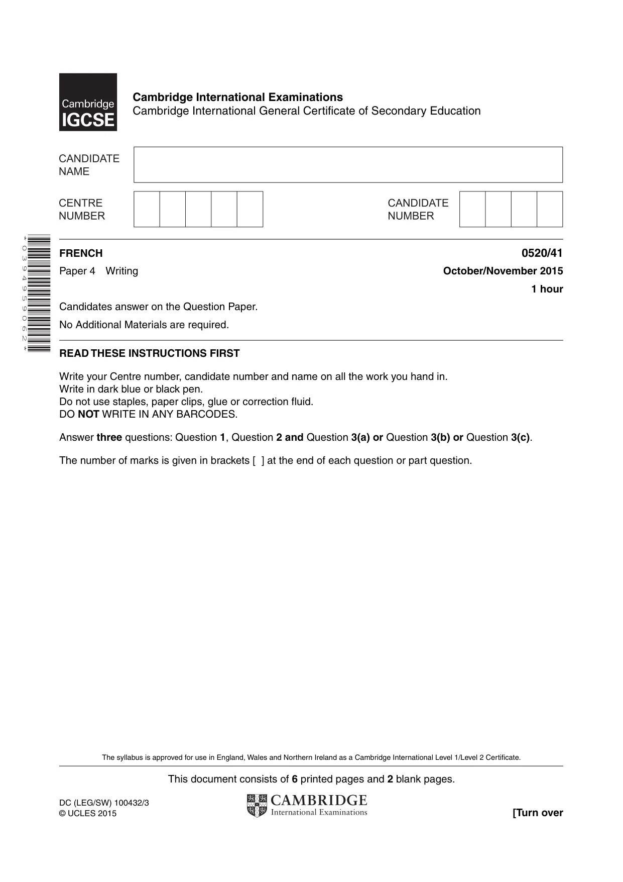 Cambridge IGCSE French - Foreign Language 0520 2015 Oct/Nov Paper 4 · Variant 1 question paper, page 1 of 8