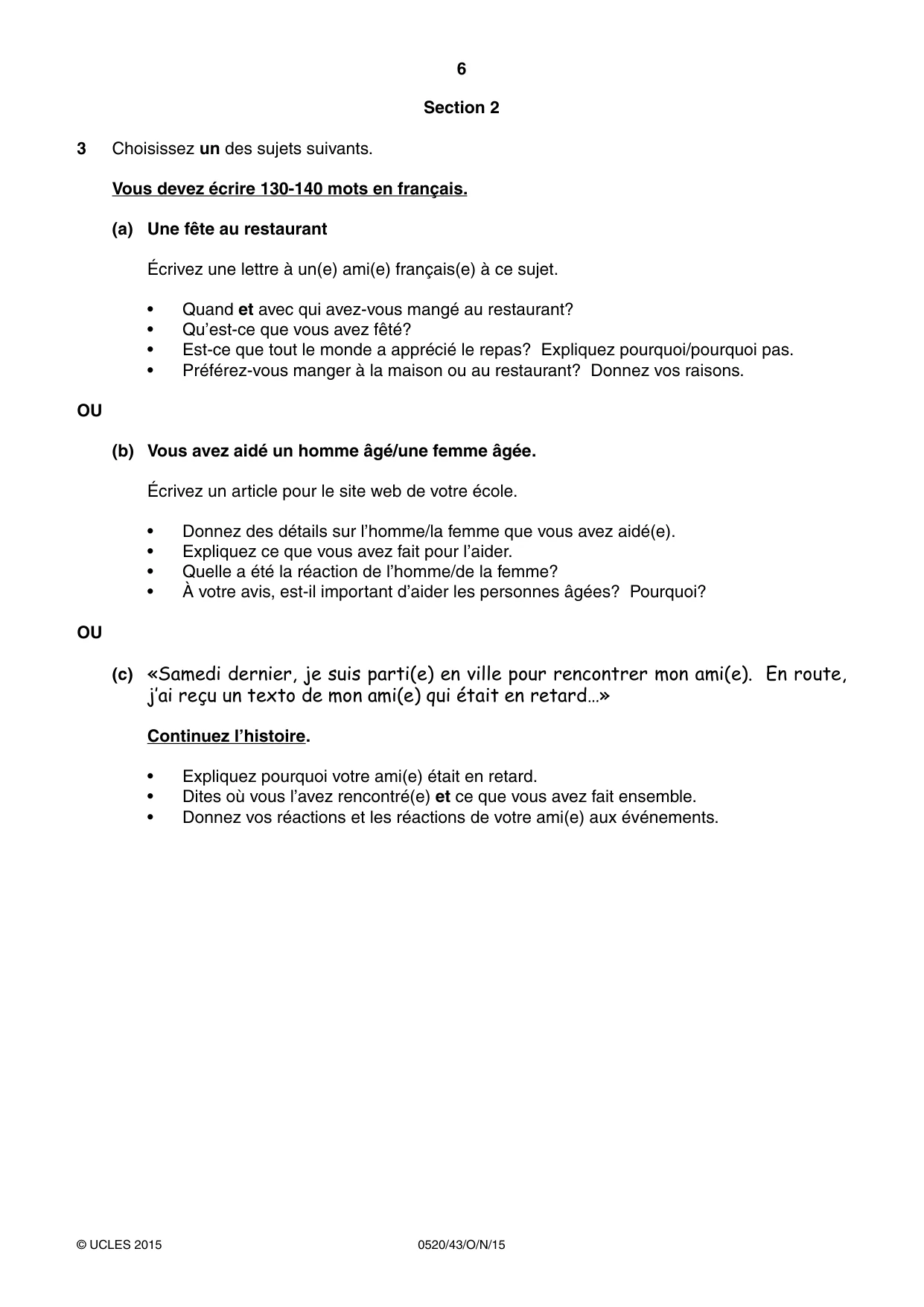 Cambridge IGCSE French - Foreign Language 0520 2015 Oct/Nov Paper 4 · Variant 3 question paper, page 6 of 8