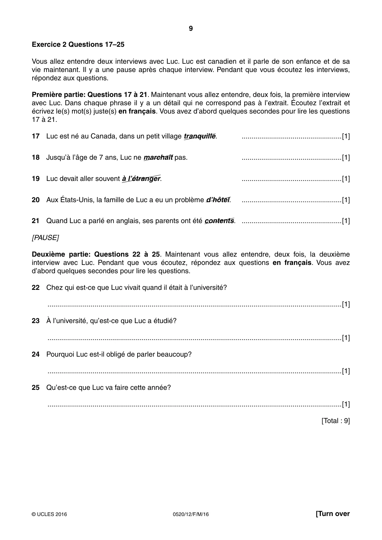 Cambridge IGCSE French - Foreign Language 0520 2016 Feb/March Paper 1 · Variant 2 question paper, page 9 of 12