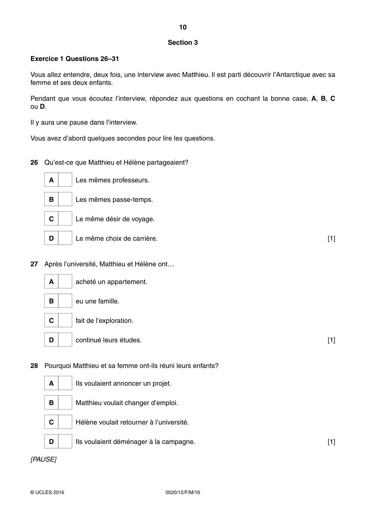 Cambridge IGCSE French - Foreign Language 0520 2016 Feb/March Paper 1 · Variant 2 question paper, page 10 of 12
